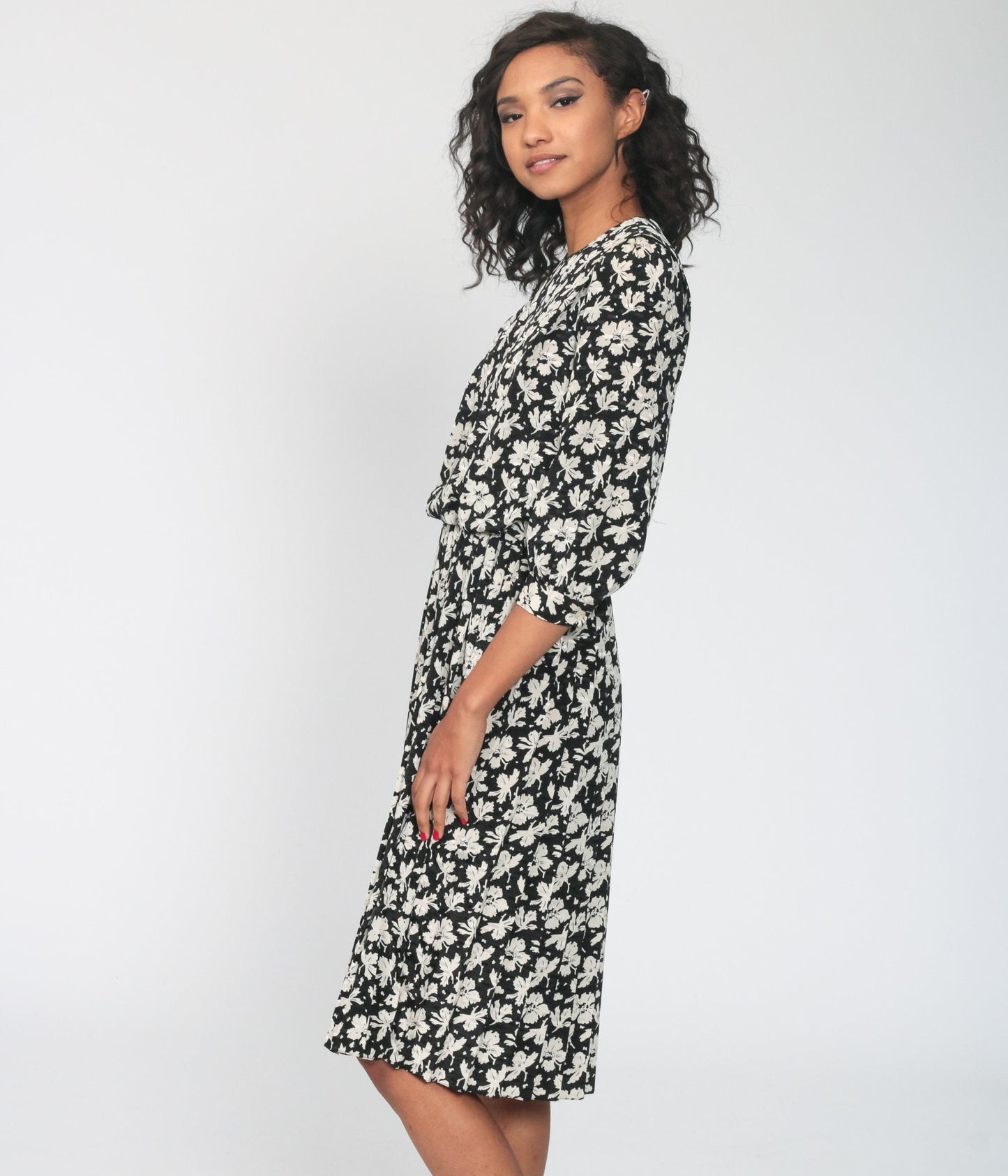 80s Black Floral Midi Dress High Waist Pleated Skirt Small 4