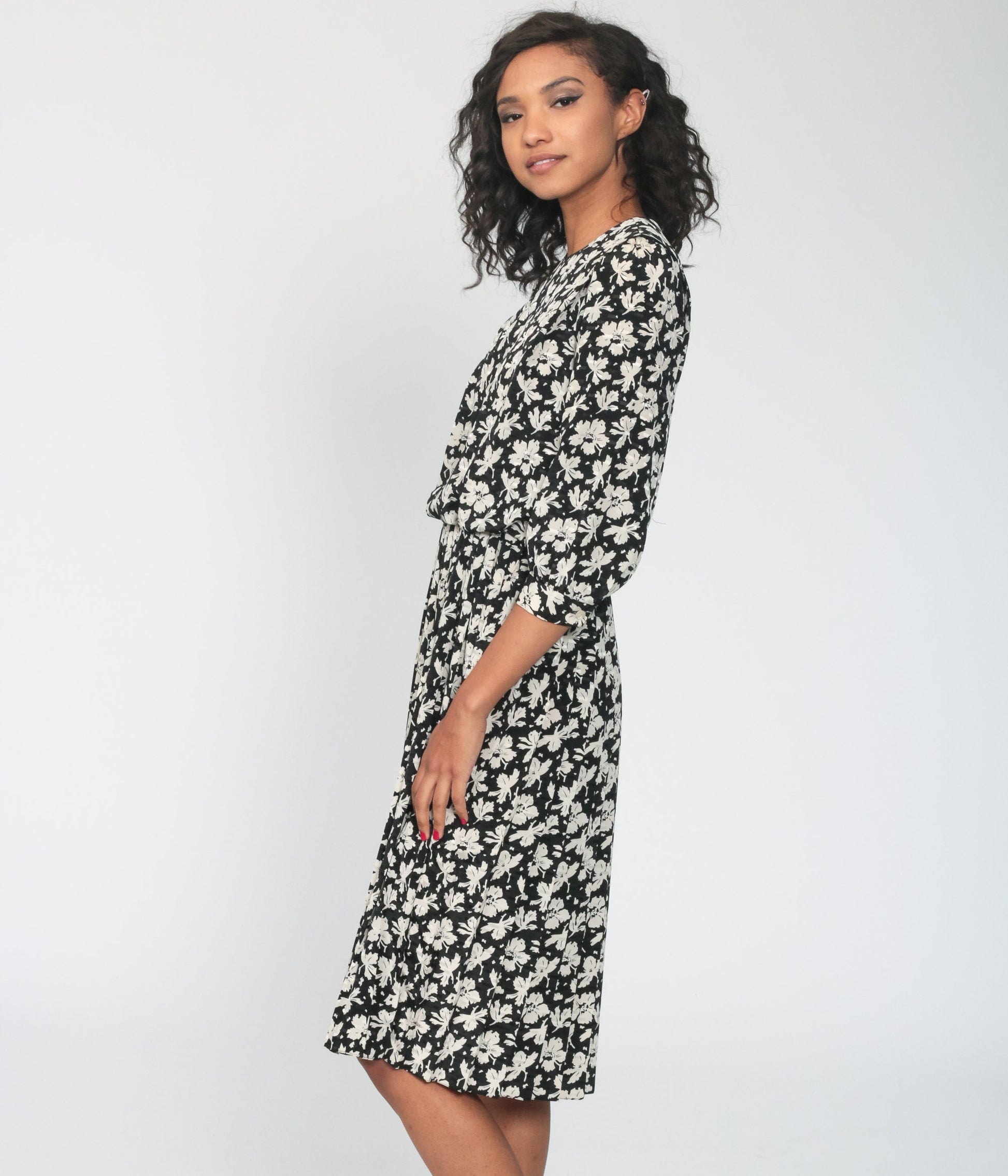 80s Black Floral Midi Dress High Waist Pleated Skirt Small 4