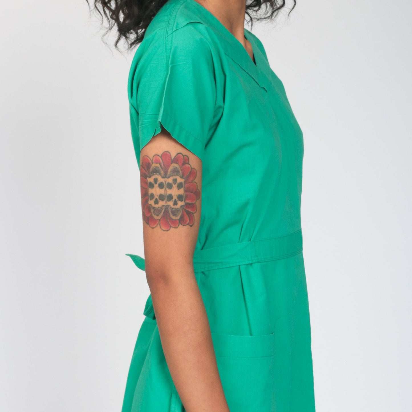 70s Green Midi Dress Cap Sleeve High Waist V Neck Pocket Small