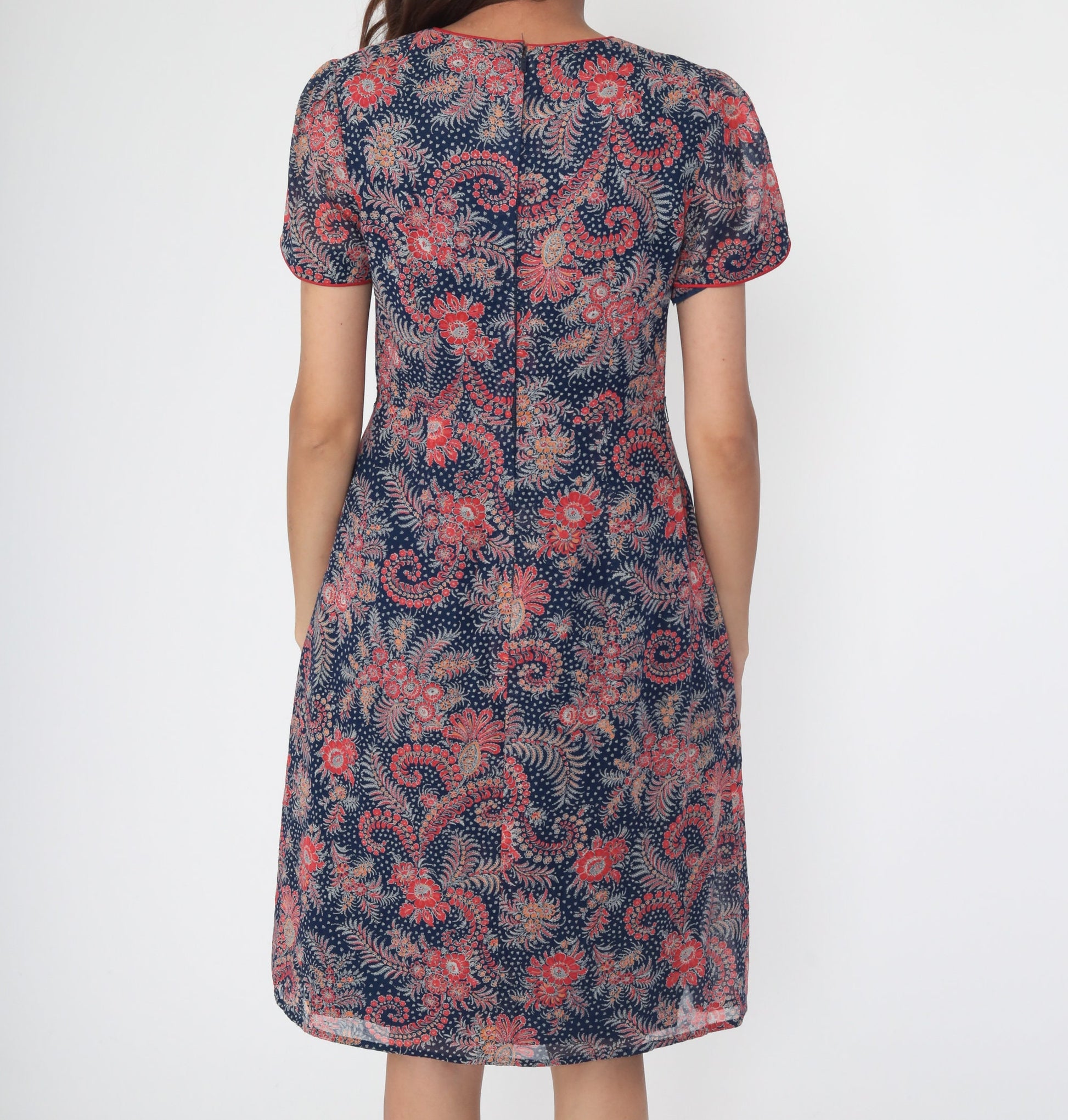 70s Floral Mini Shift Dress Puff Sleeve Red Navy Small