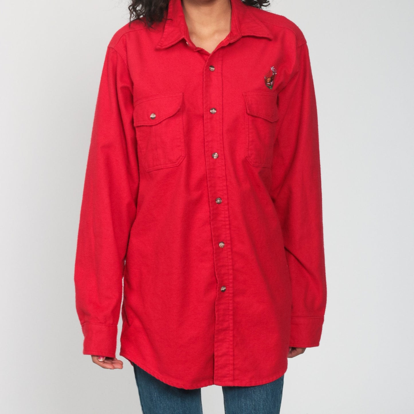 90s Scheels Sports Outfitters Deer Graphic Button-Up Shirt Red Cotton Large Tall