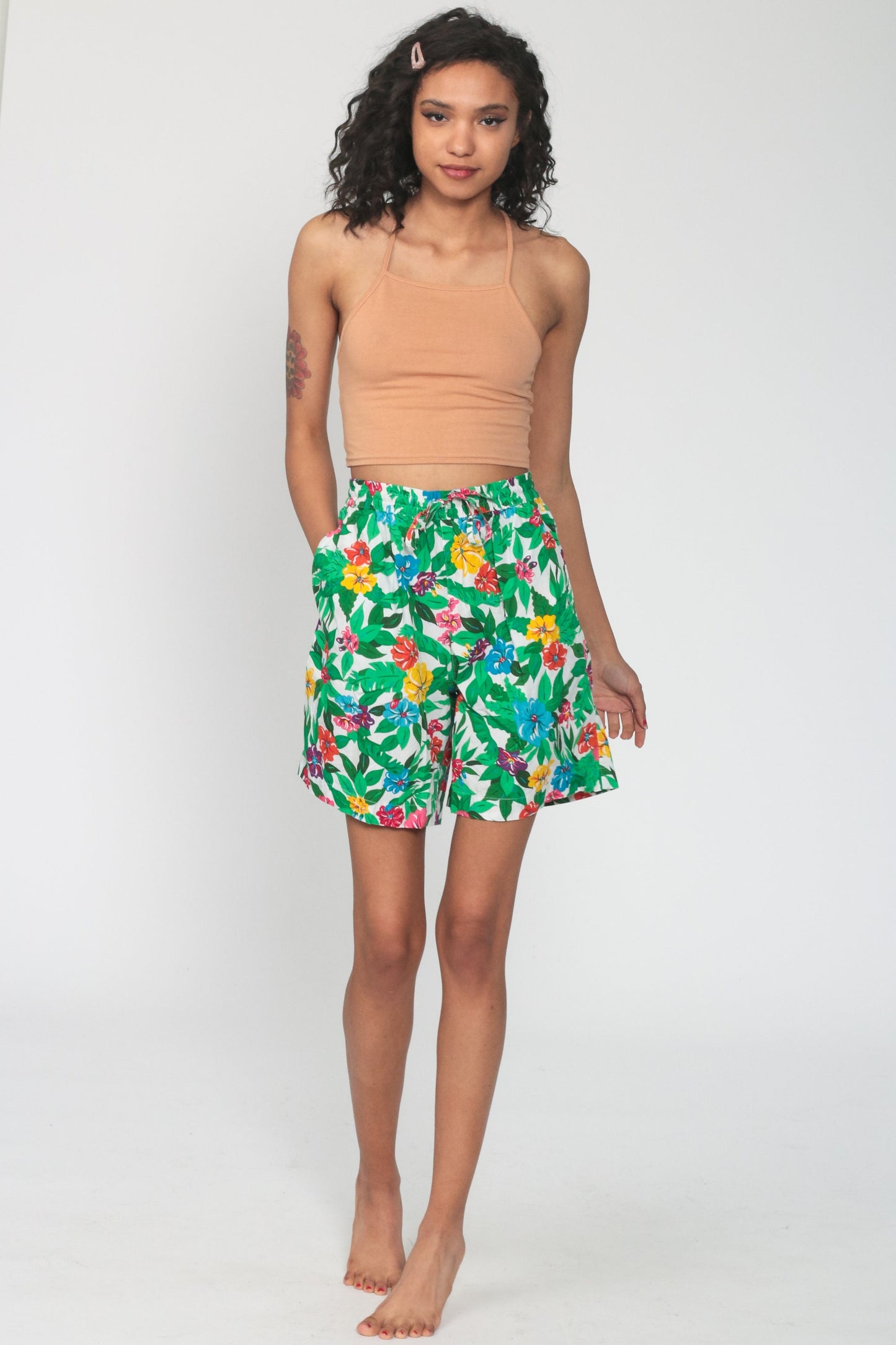 90s Liz Sport Tropical Floral High-Waist Shorts Green Small