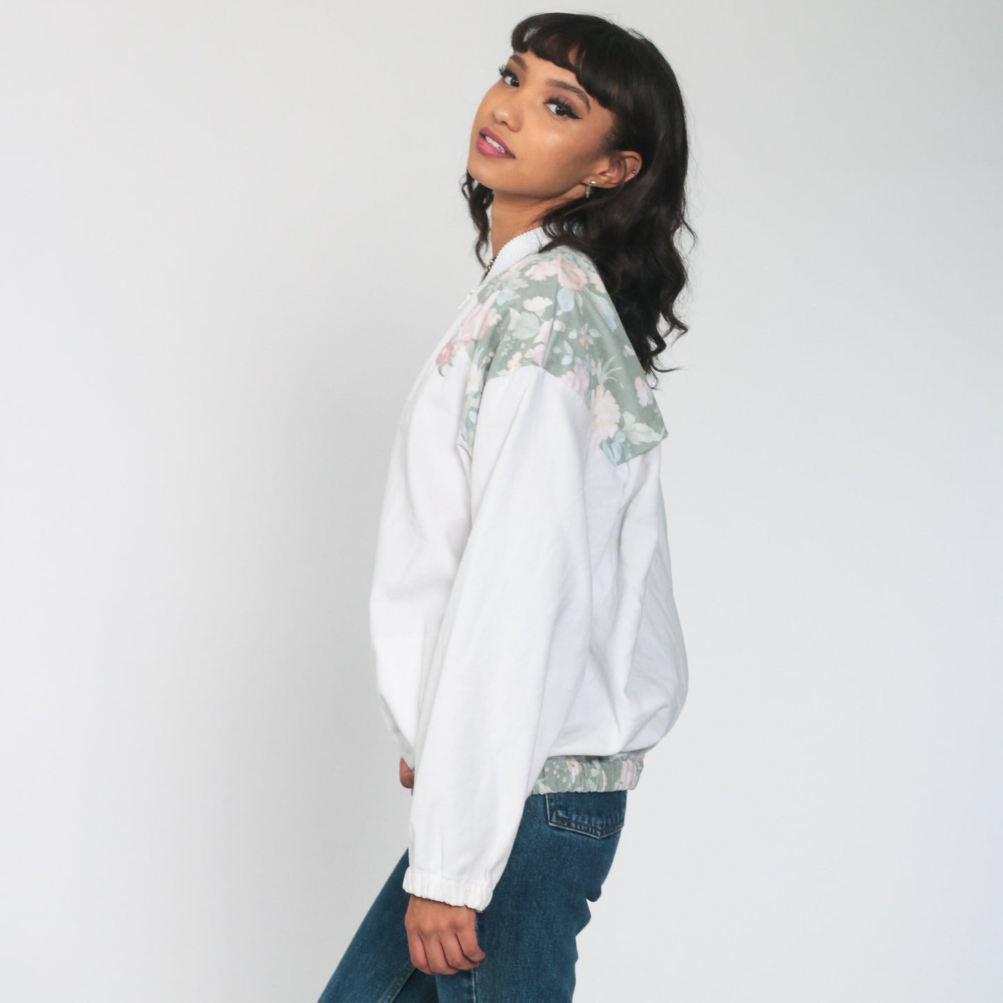 80s Floral Embroidered Bomber Jacket White Windbreaker Zip-Up Medium