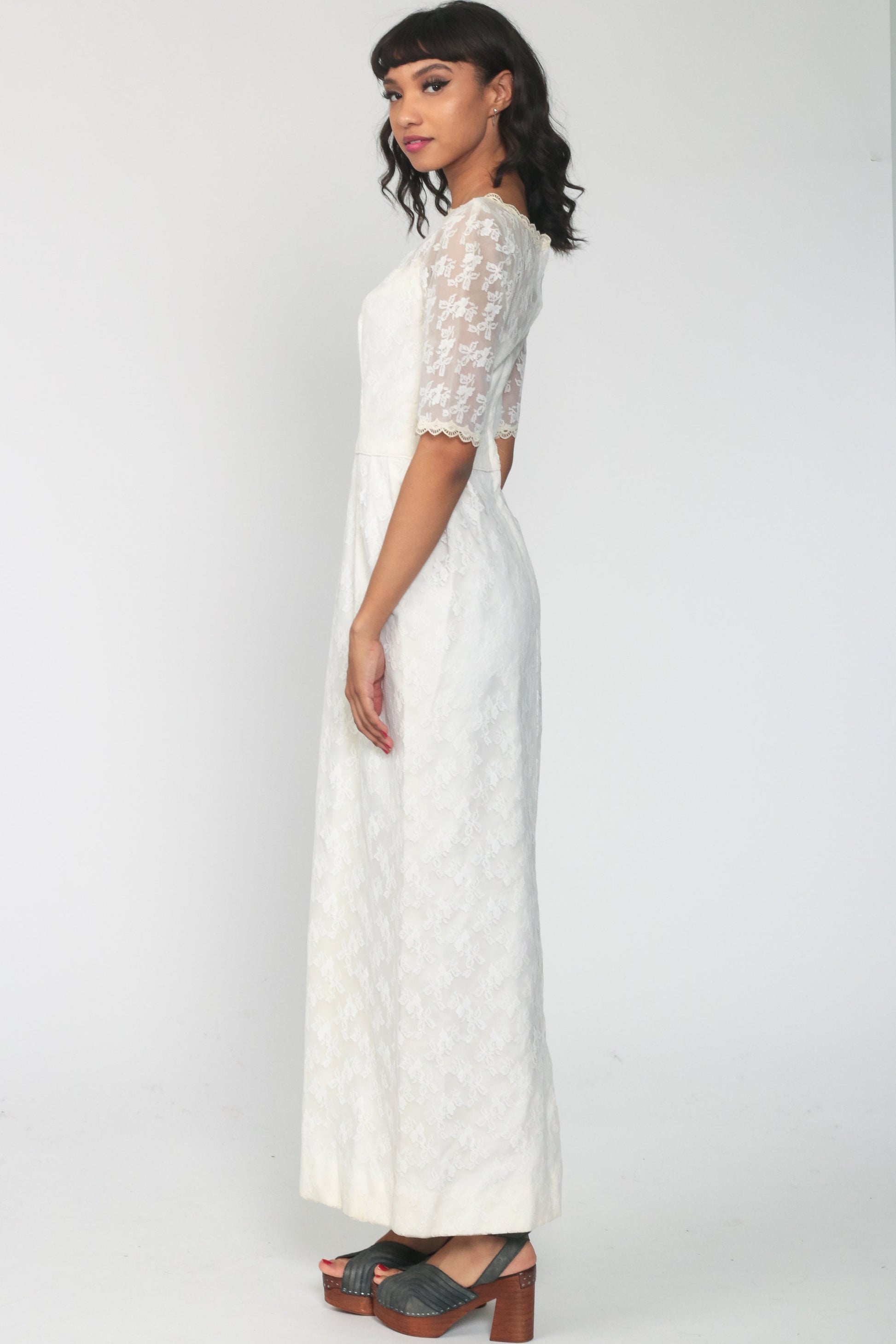 60s White Lace Maxi Dress Empire Waist Half Sleeve Scalloped Extra Small