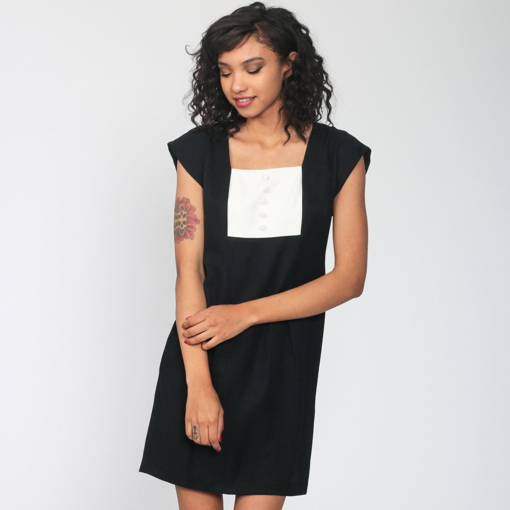 90s Black Mini Dress with Off-White Bib Cap Sleeves Sheath Small