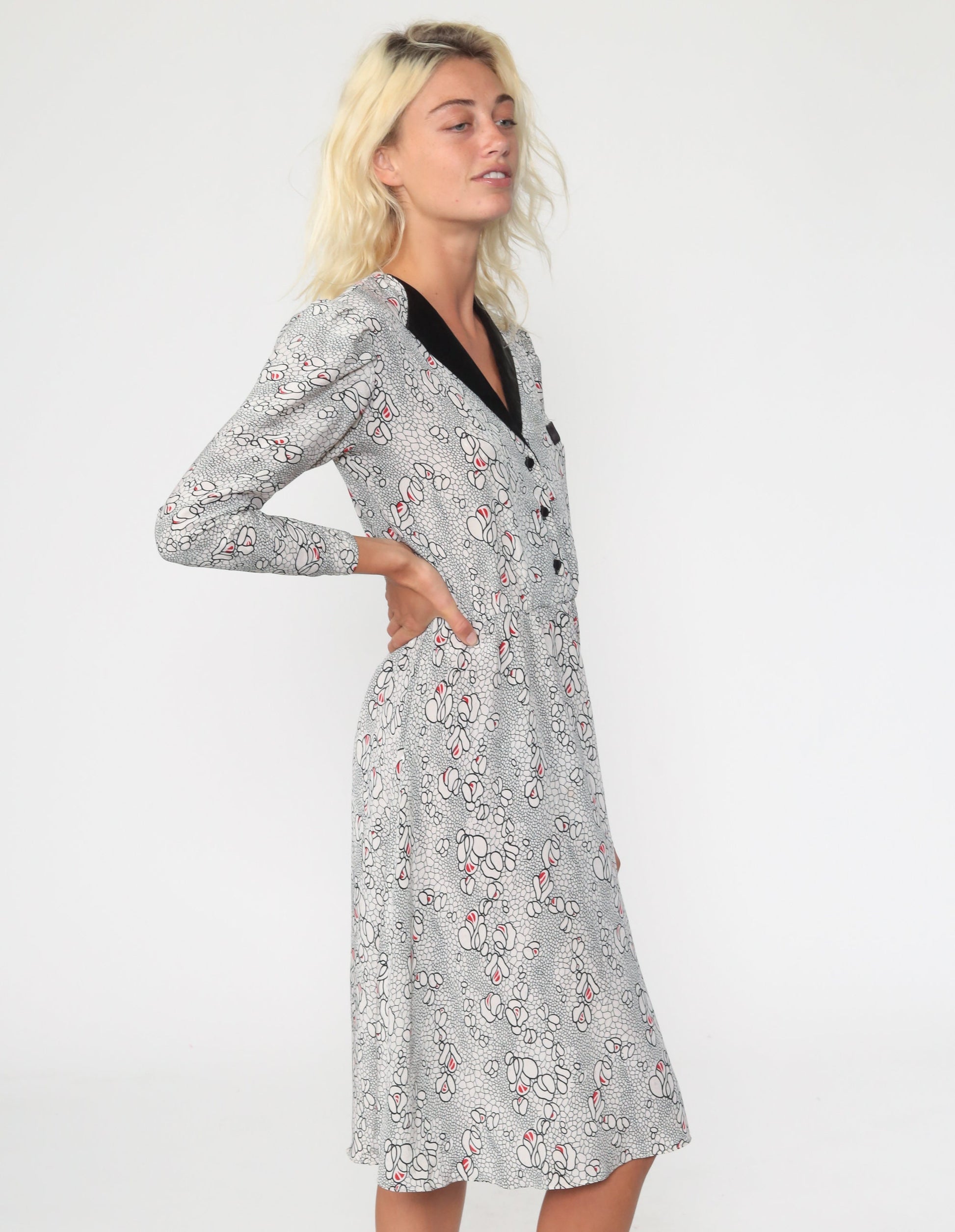 80s Black White Floral Midi Dress Puff Sleeve Button Up High Waist Small