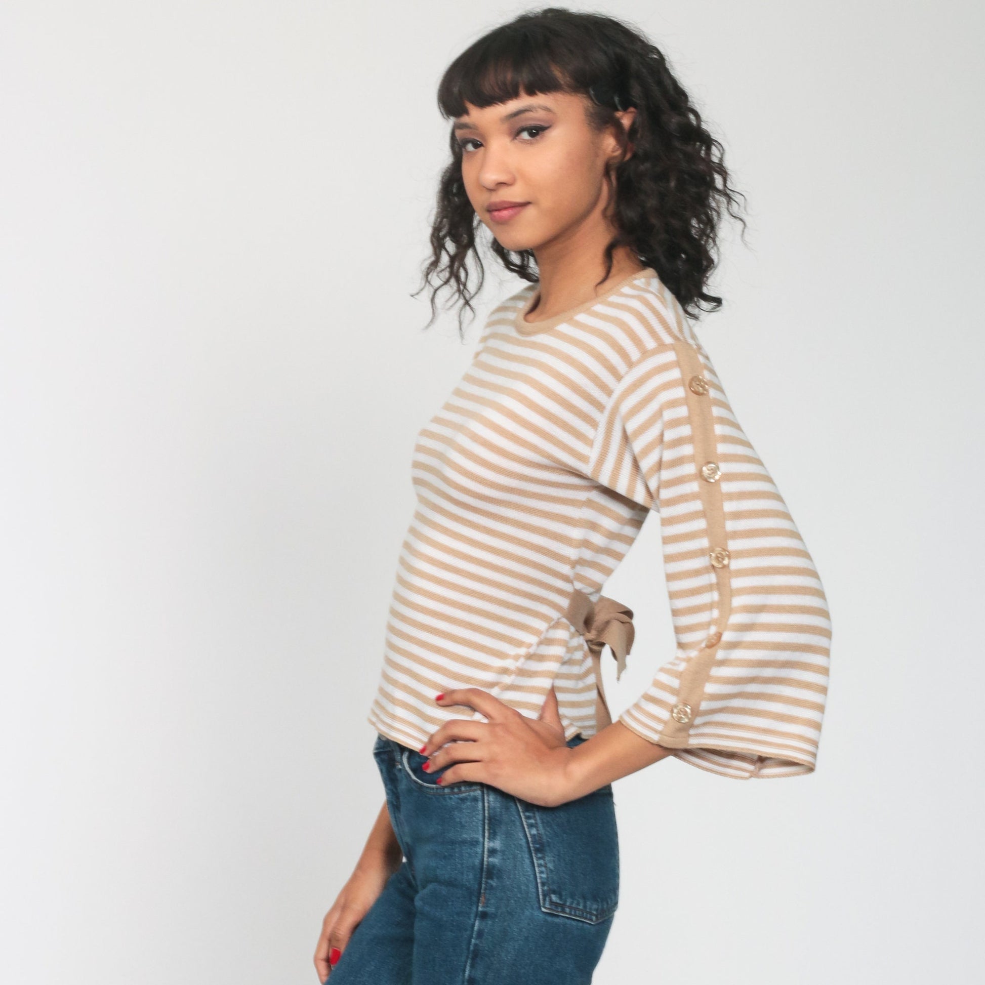 70s Tan Striped Knit Pullover Wide Sleeve Sweater Extra Small