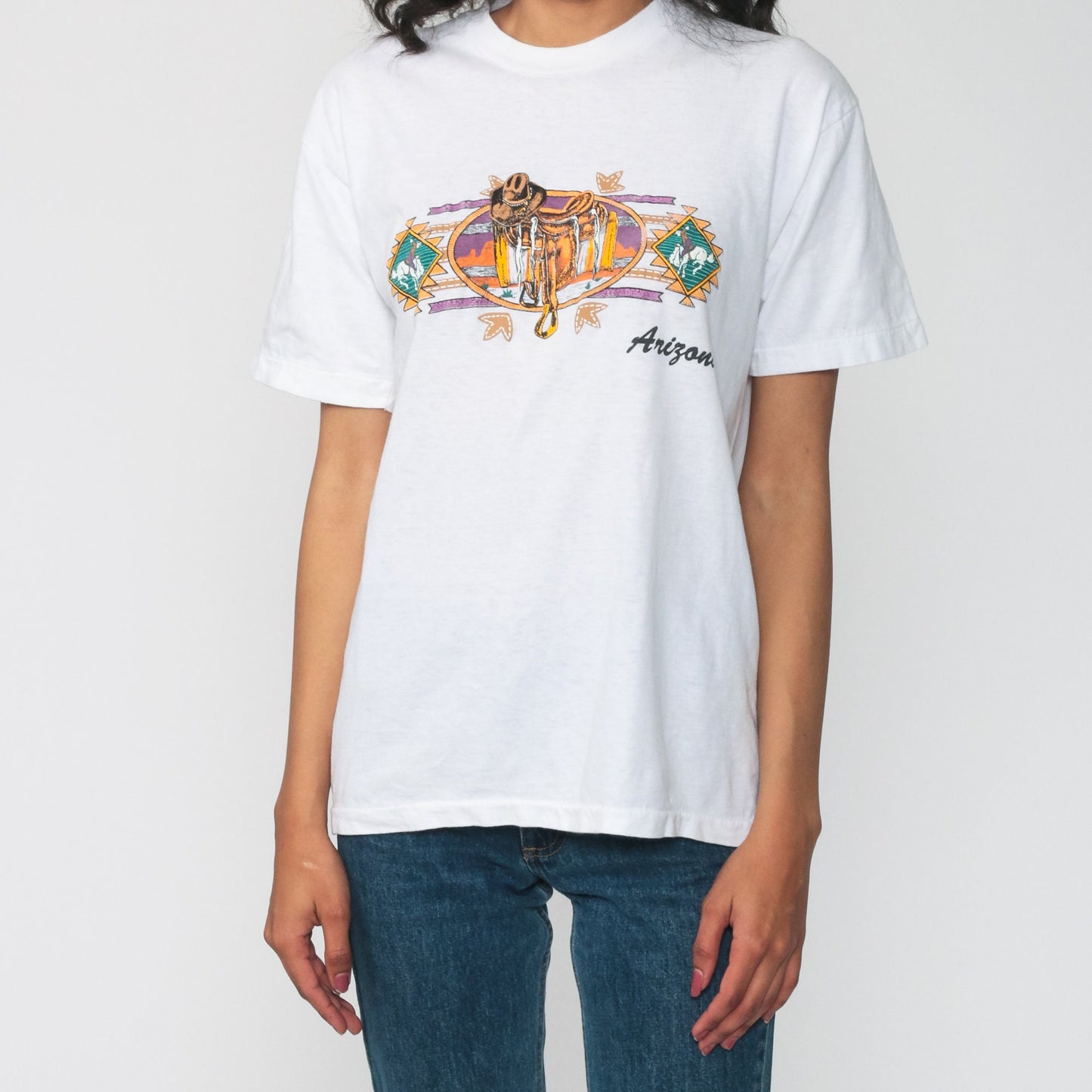 80s Arizona Cowboy Saddle Graphic T-Shirt Western Boot Print Small
