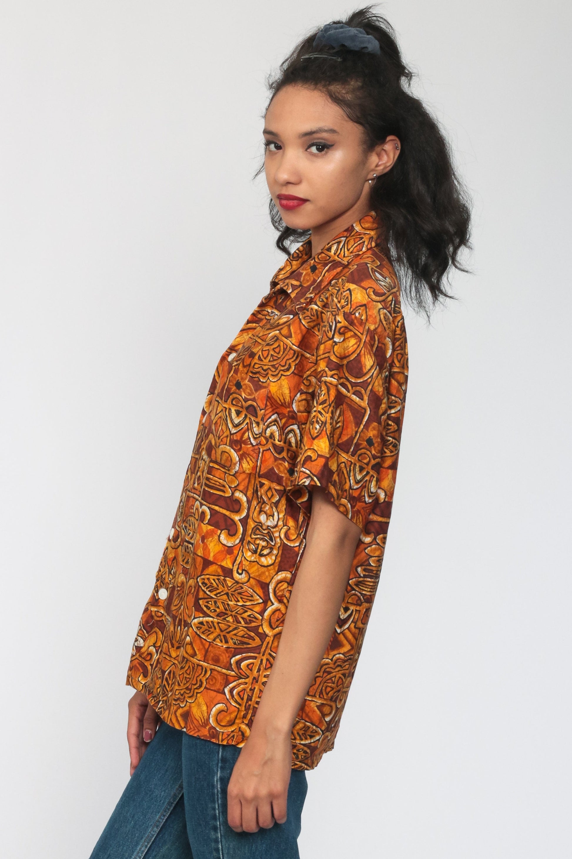70s Hawaiian Tiki Print Button-Up Shirt Orange Tropical Blouse Medium Large