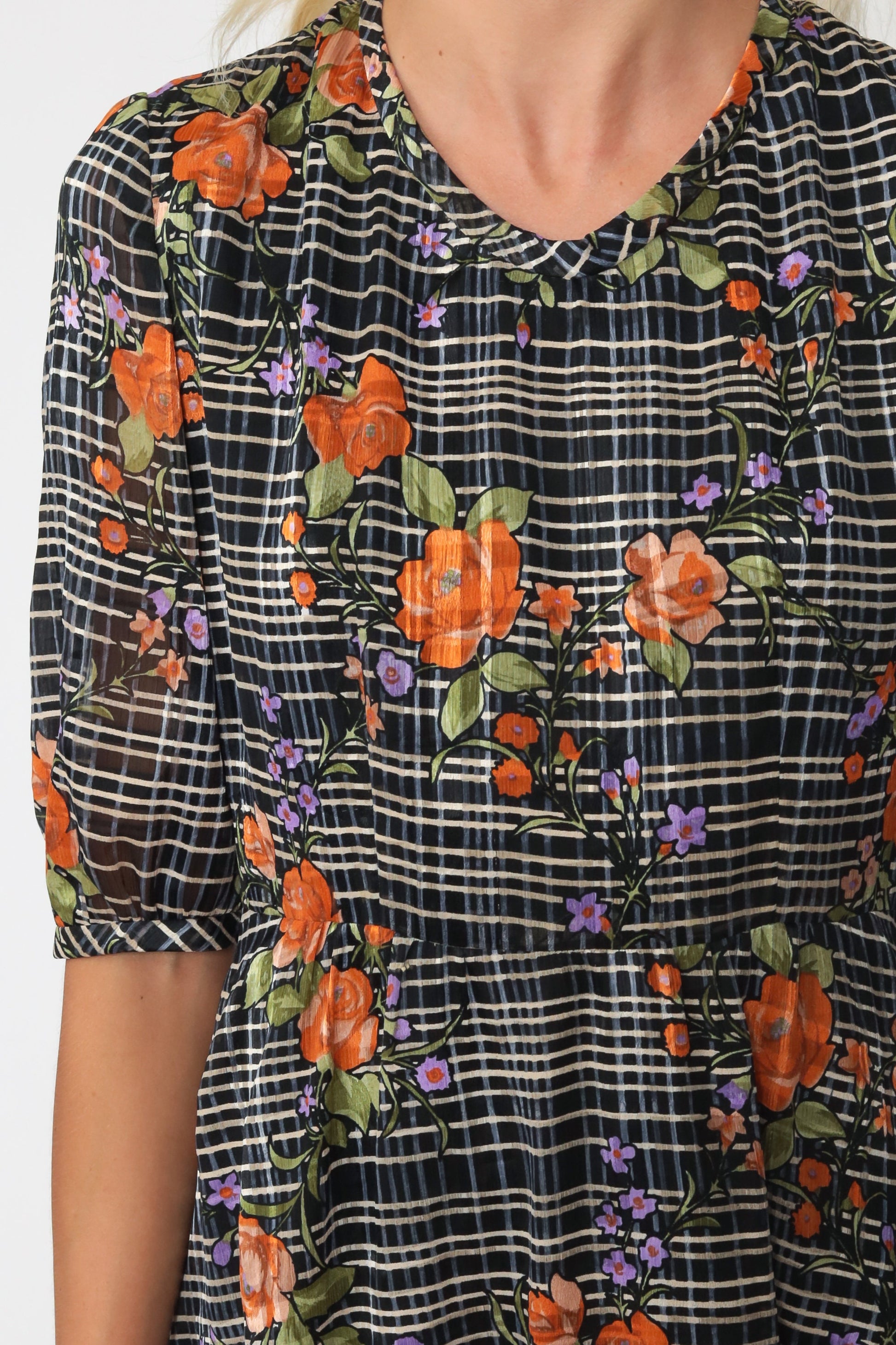 70s Floral Checkered Midi Dress High Waist Short Sleeve Black White Orange Small