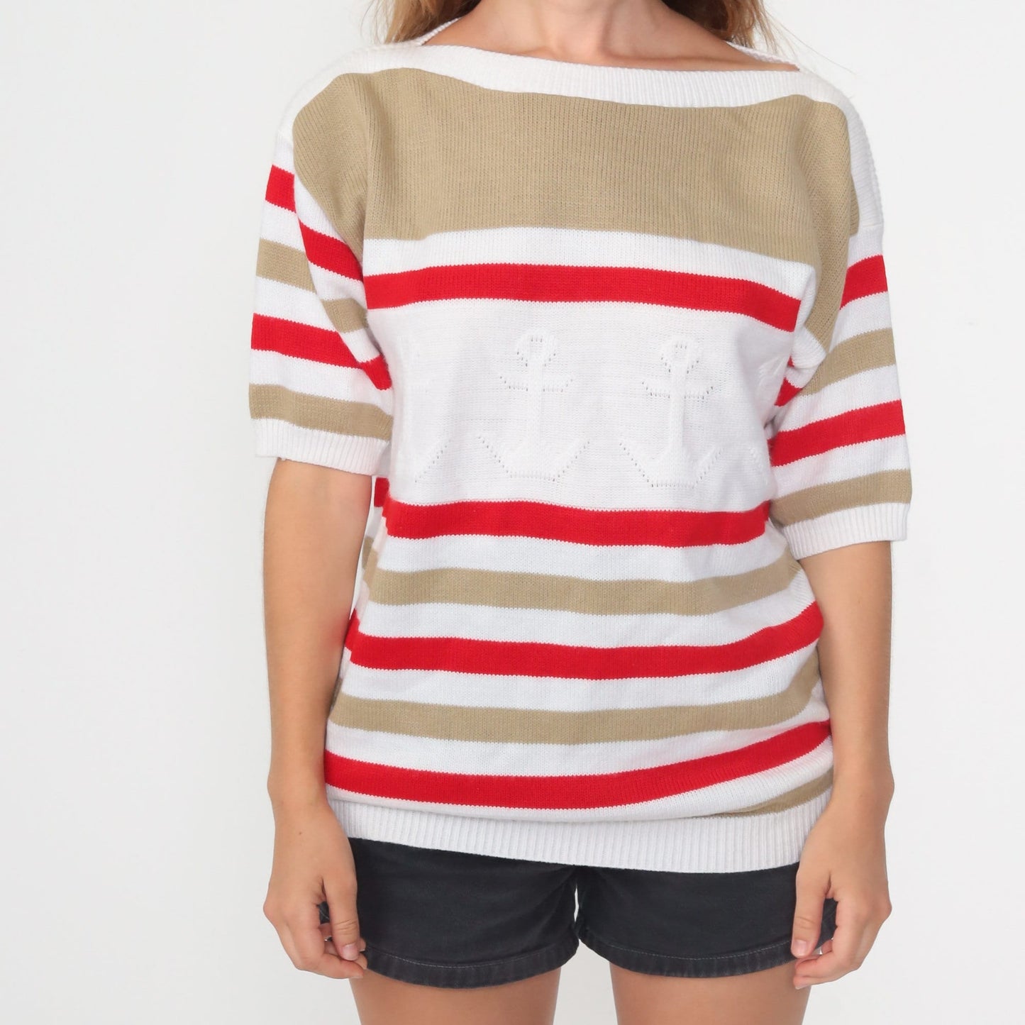 80s Anchor Nautical Striped Knit Sweater White Red Boatneck Short Sleeve Large