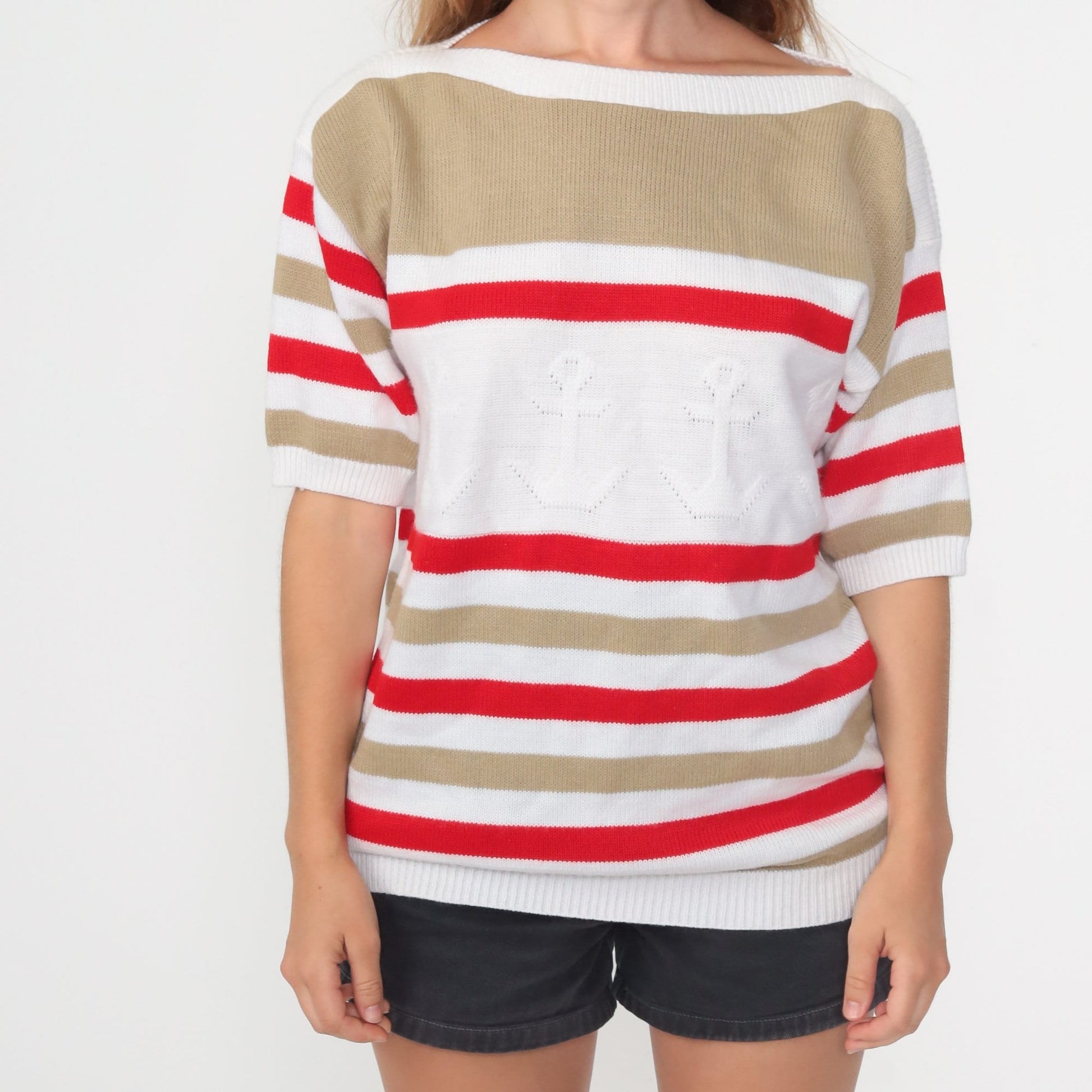 80s Anchor Nautical Striped Knit Sweater White Red Boatneck Short Sleeve Large