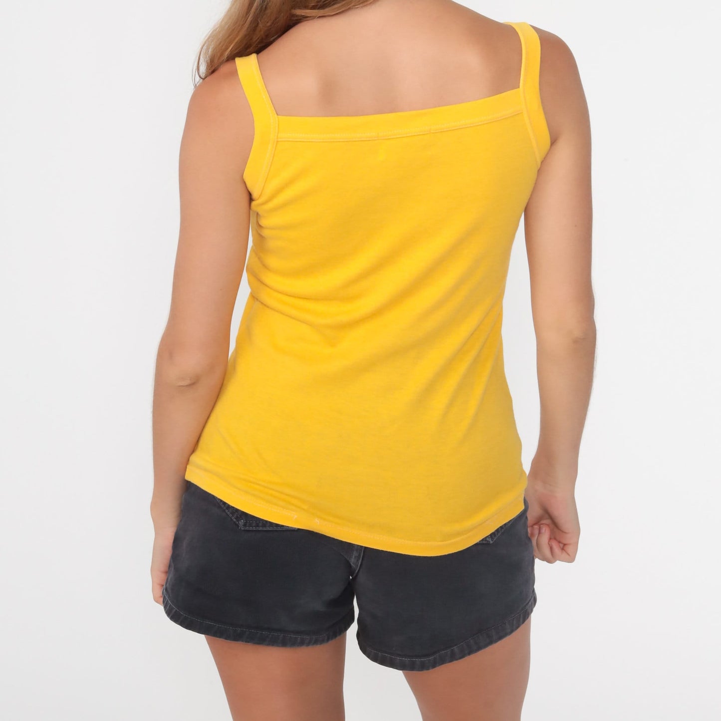 80s Yellow Tank Top Square Neckline Sleeveless Cotton Blend Extra Small