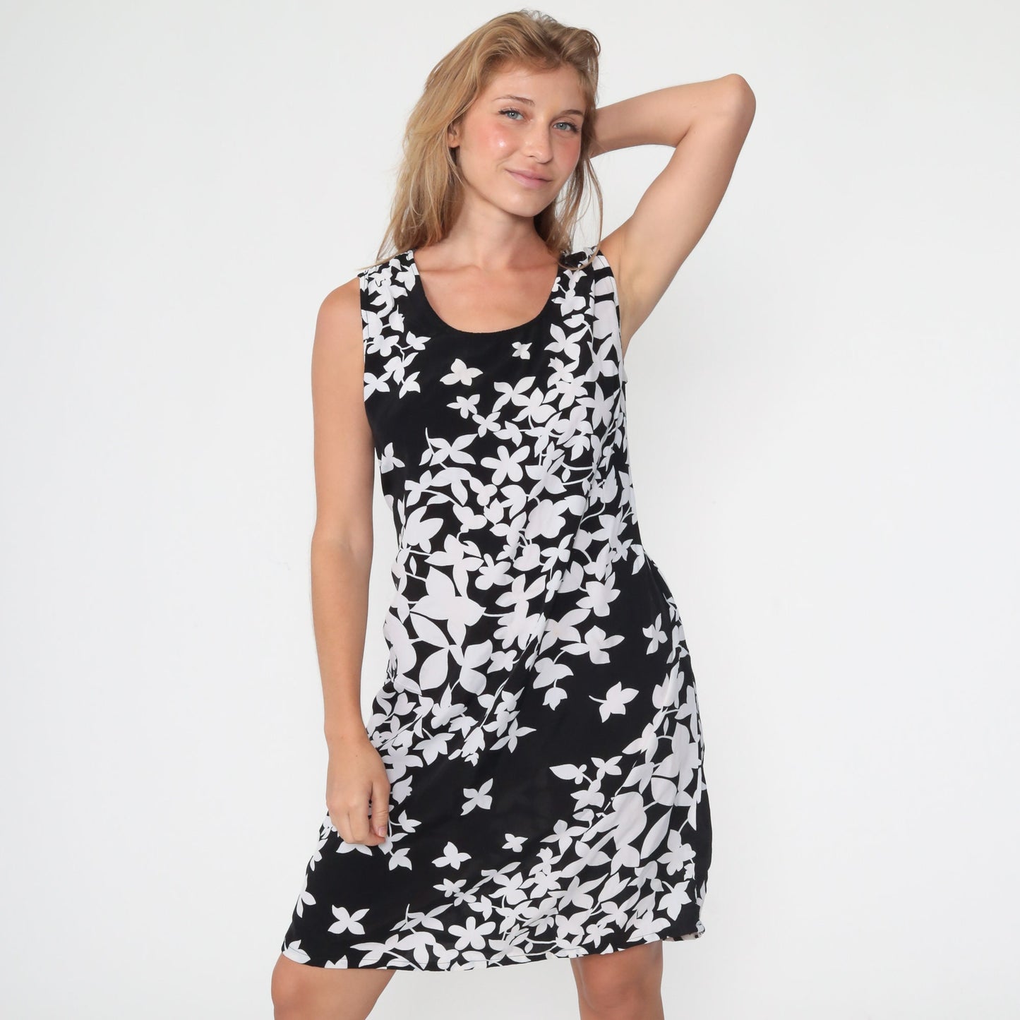 90s Black Floral Rayon Mini Dress Sleeveless Shift with Belt Medium Large