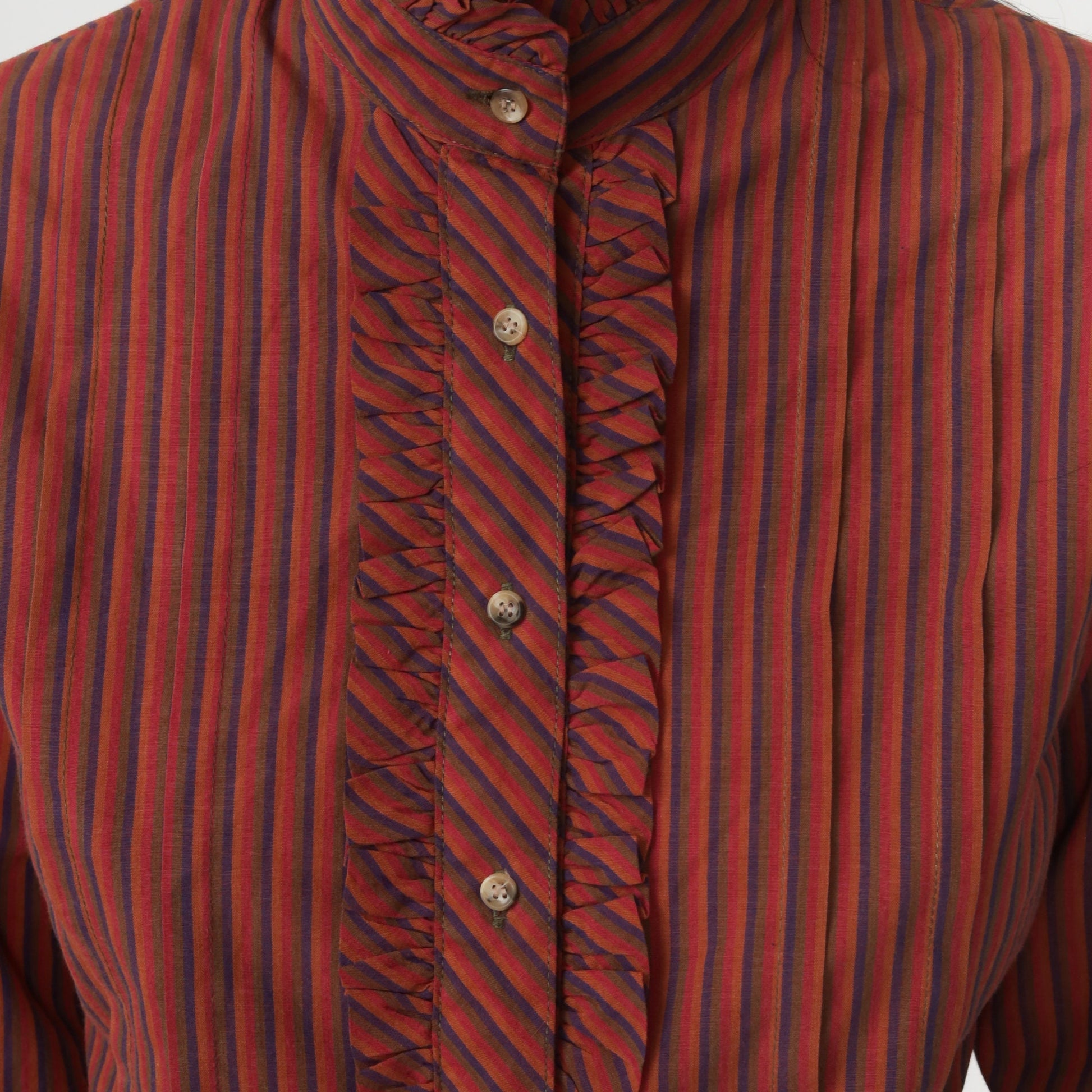 80s Puff Sleeve Button-Up Blouse Orange Red Striped Ruffled Long Sleeve Small