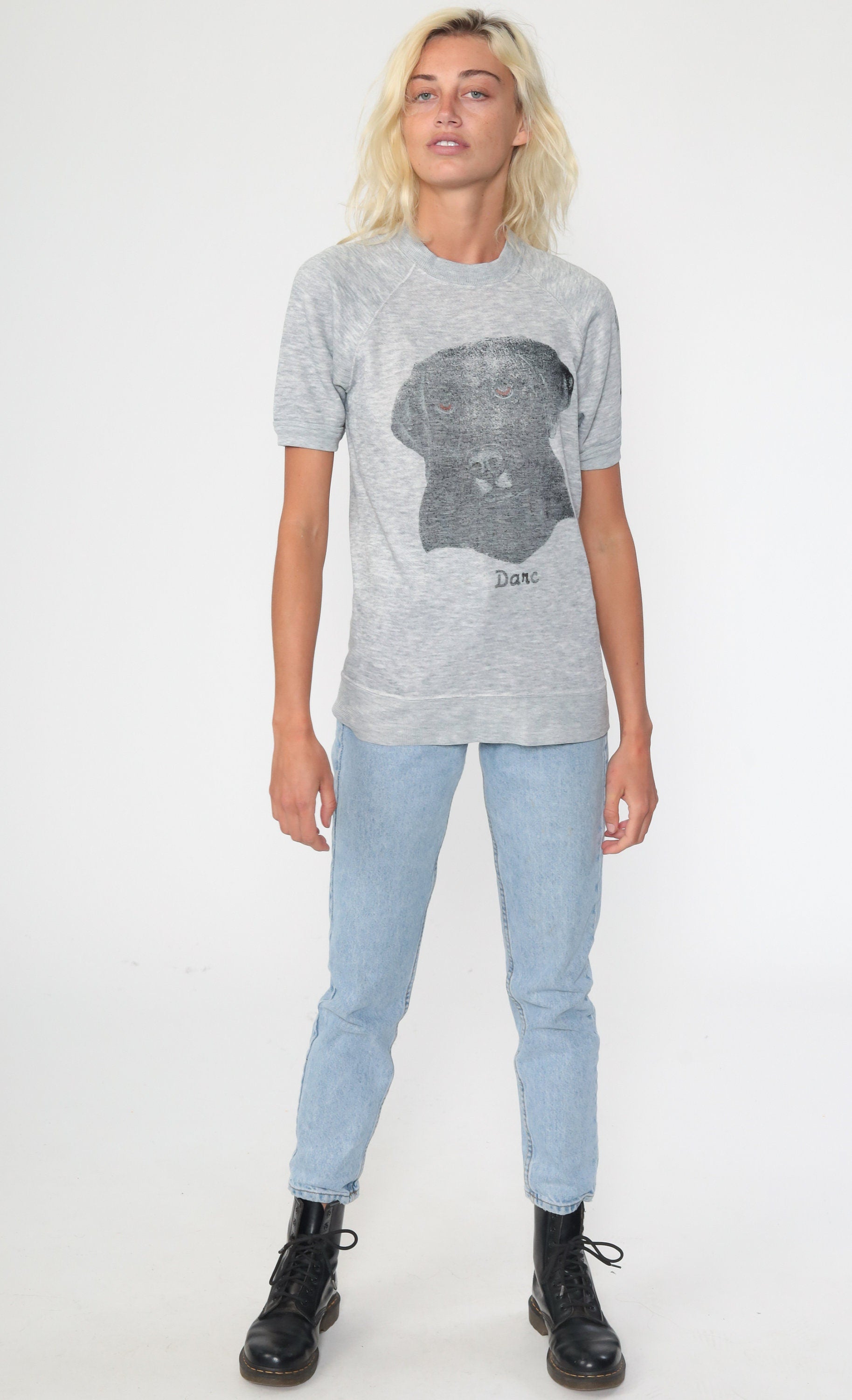 80s Dog Graphic Short Sleeve Sweatshirt Raglan Grey Small
