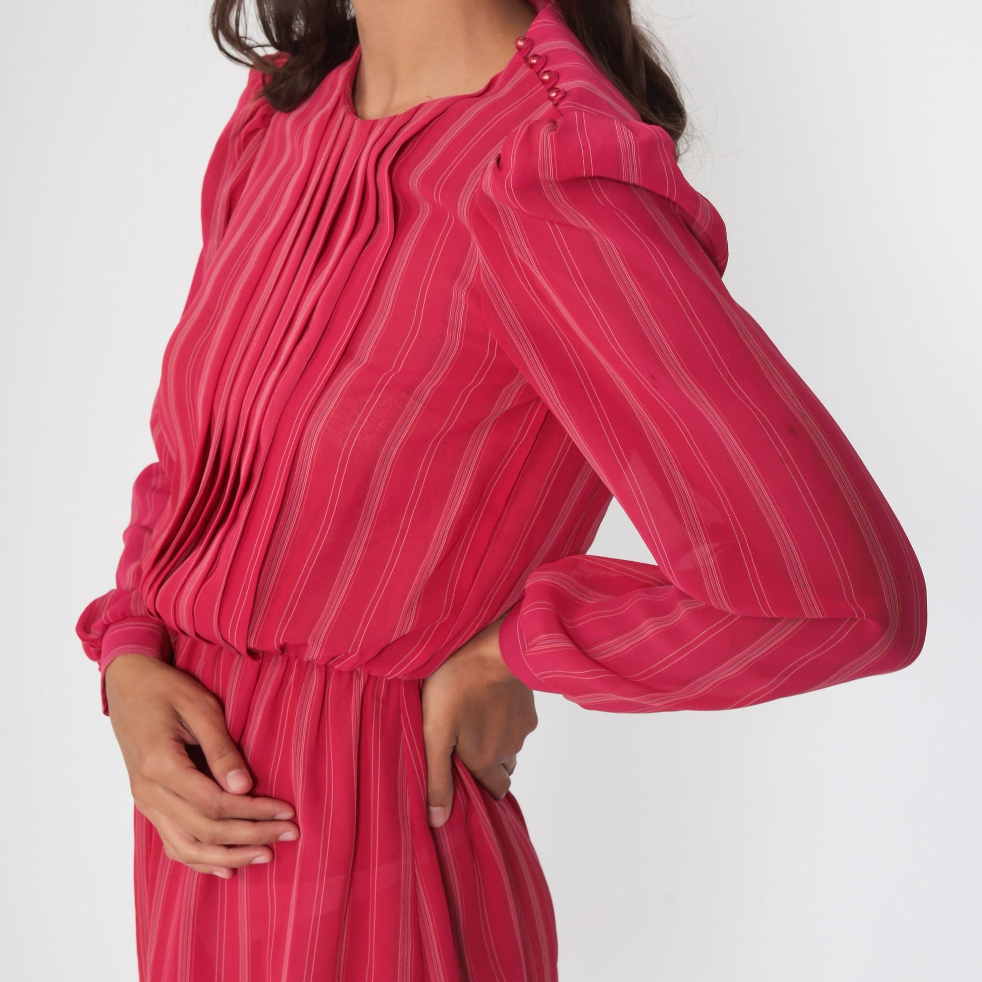 80s Puff Sleeve Mini Dress Red Striped Semi-Sheer Polyester Extra Small