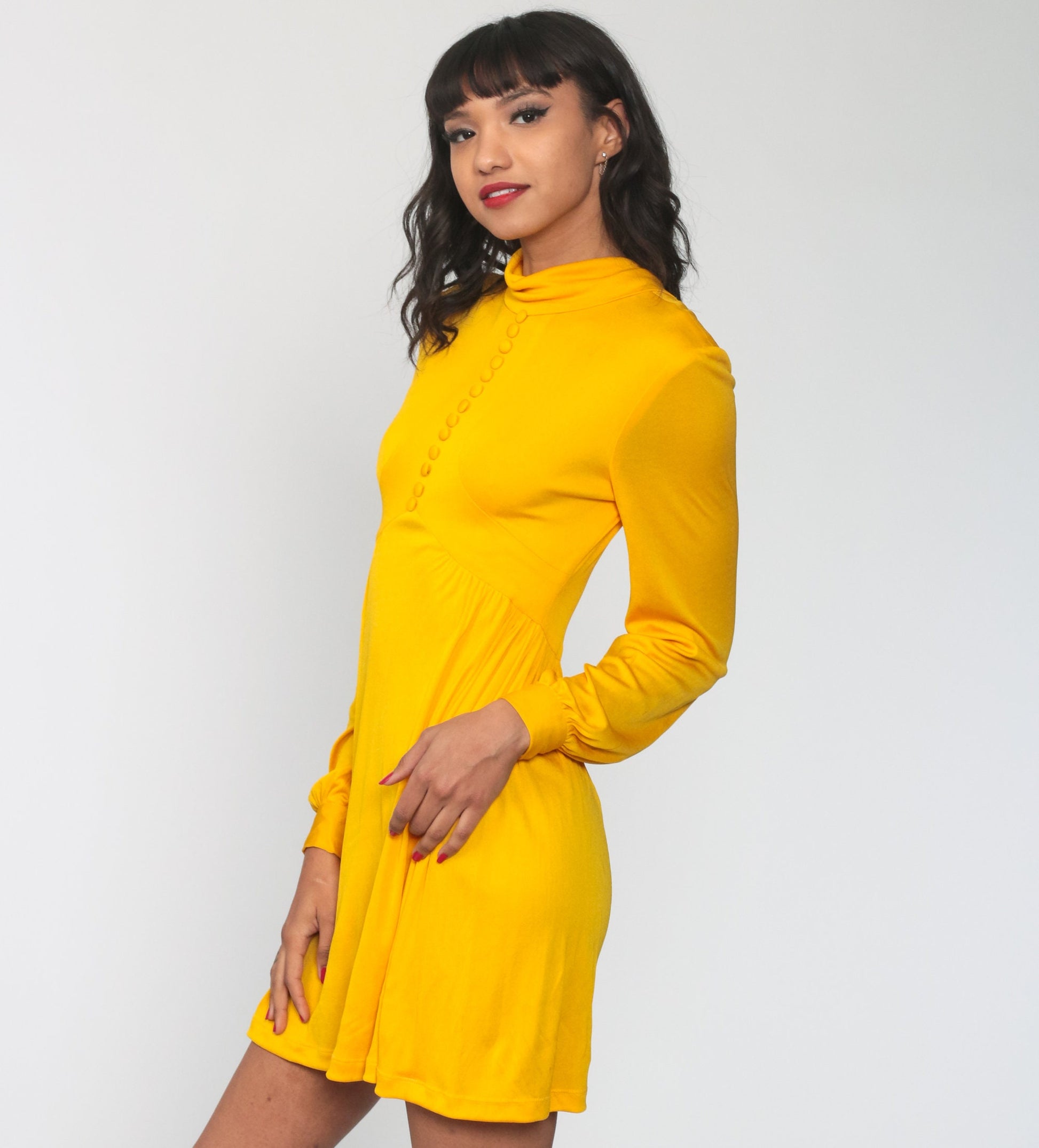 70s Yellow Babydoll Mini Dress Empire Waist Funnel Neck Long Sleeve Extra Small