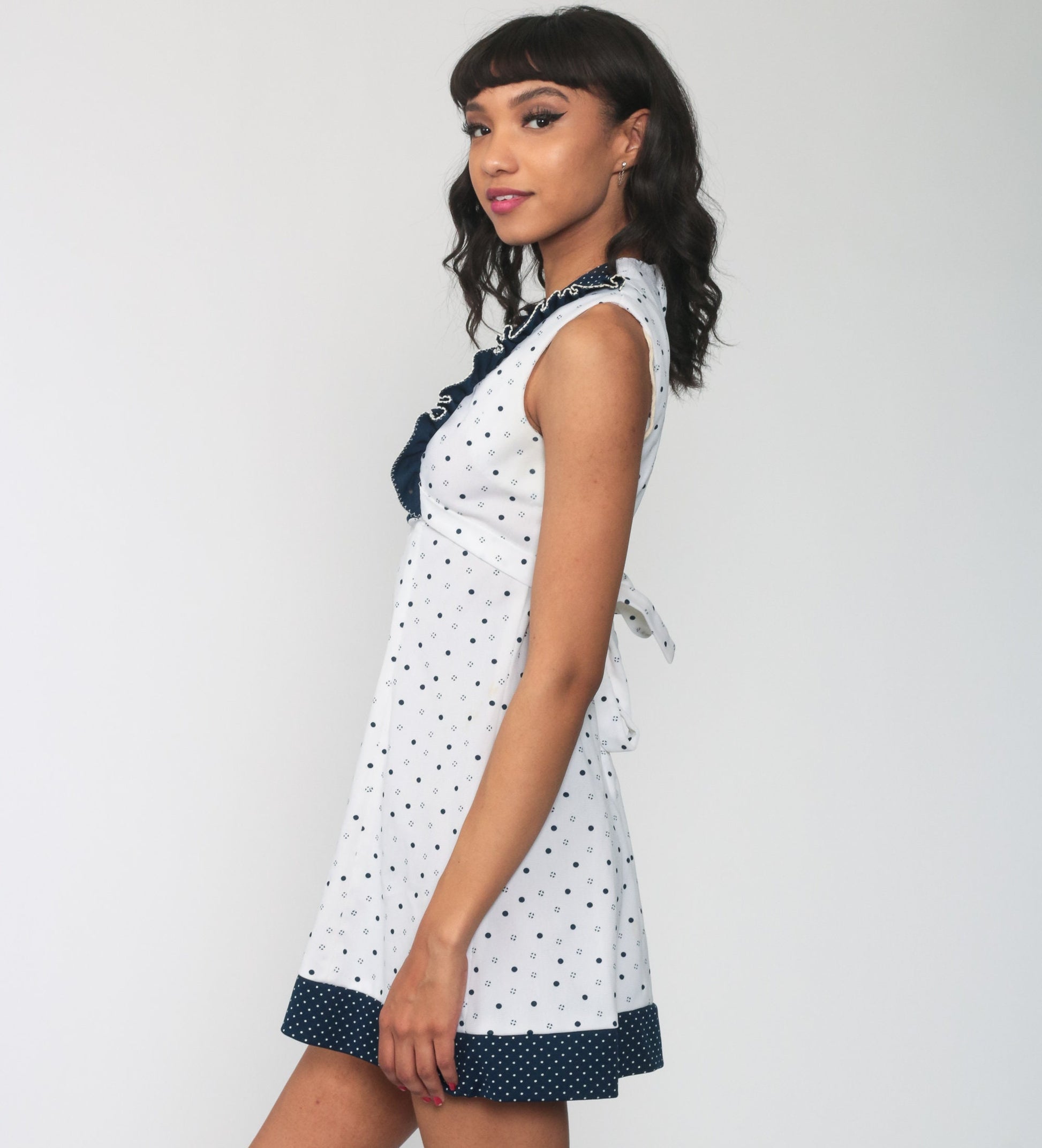 70s Polka Dot Babydoll Mini Dress White Blue Empire Waist V-Neck Extra Small