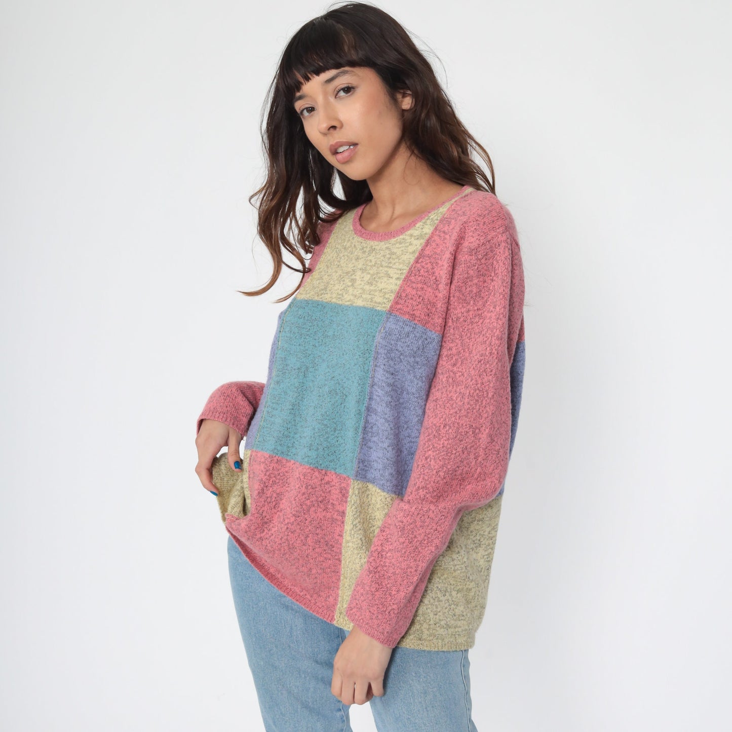 90s Christopher Banks Wool Blend Color Block Pullover Sweater Pink Teal Large