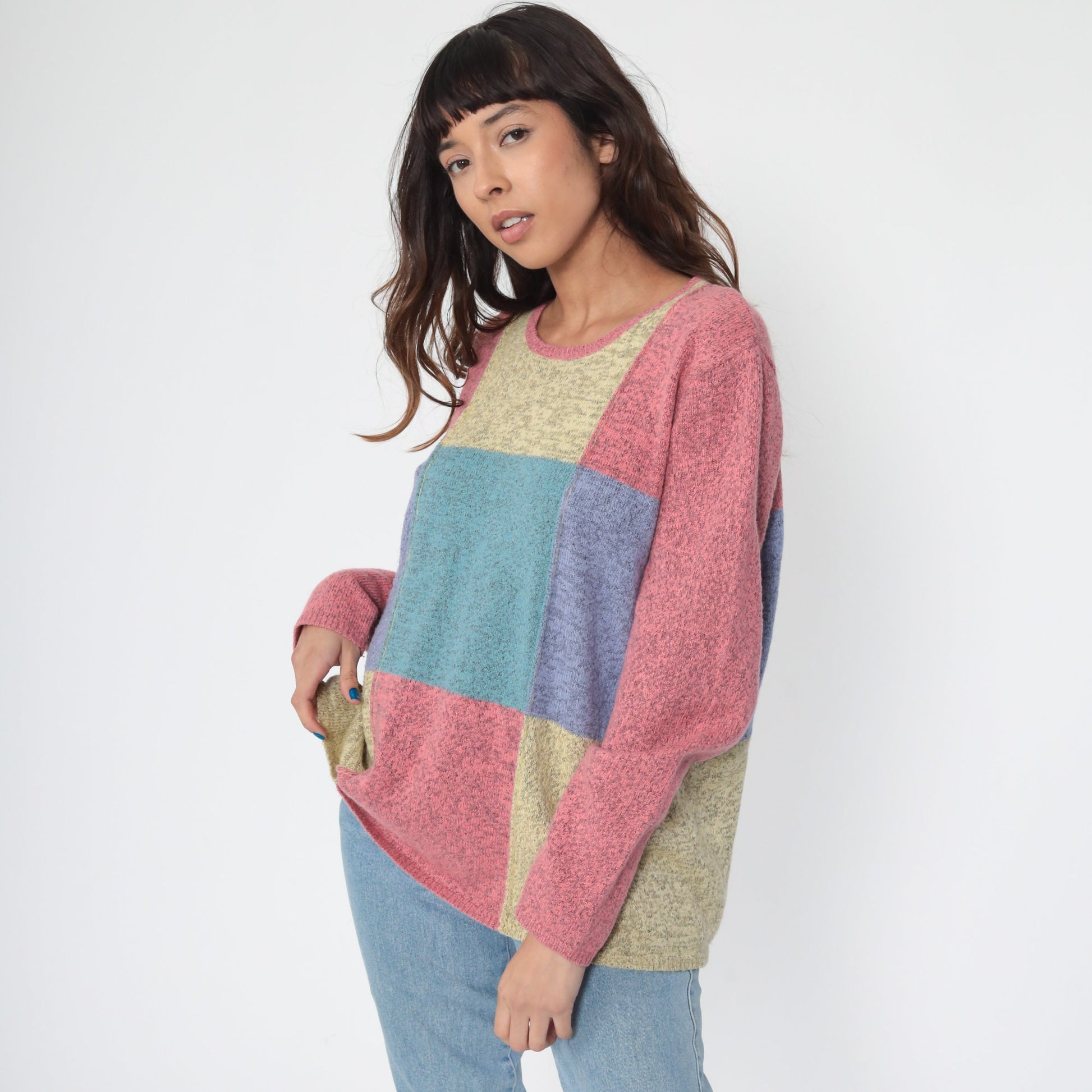 90s Christopher Banks Wool Blend Color Block Pullover Sweater Pink Teal Large
