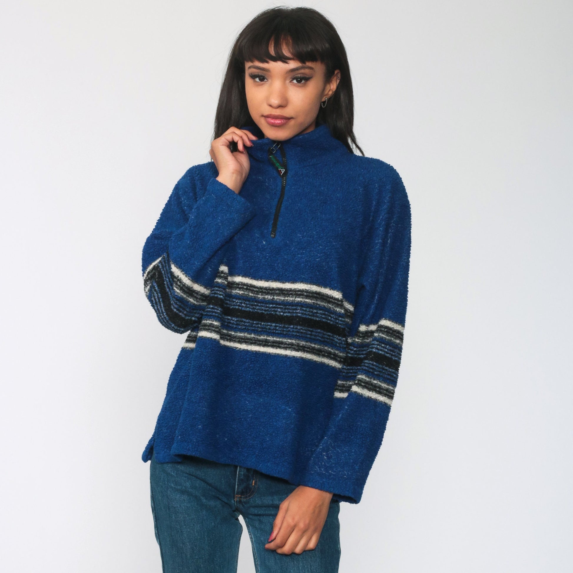 90s Avalanche Blue Striped Fleece Half-Zip Pullover Jacket Small