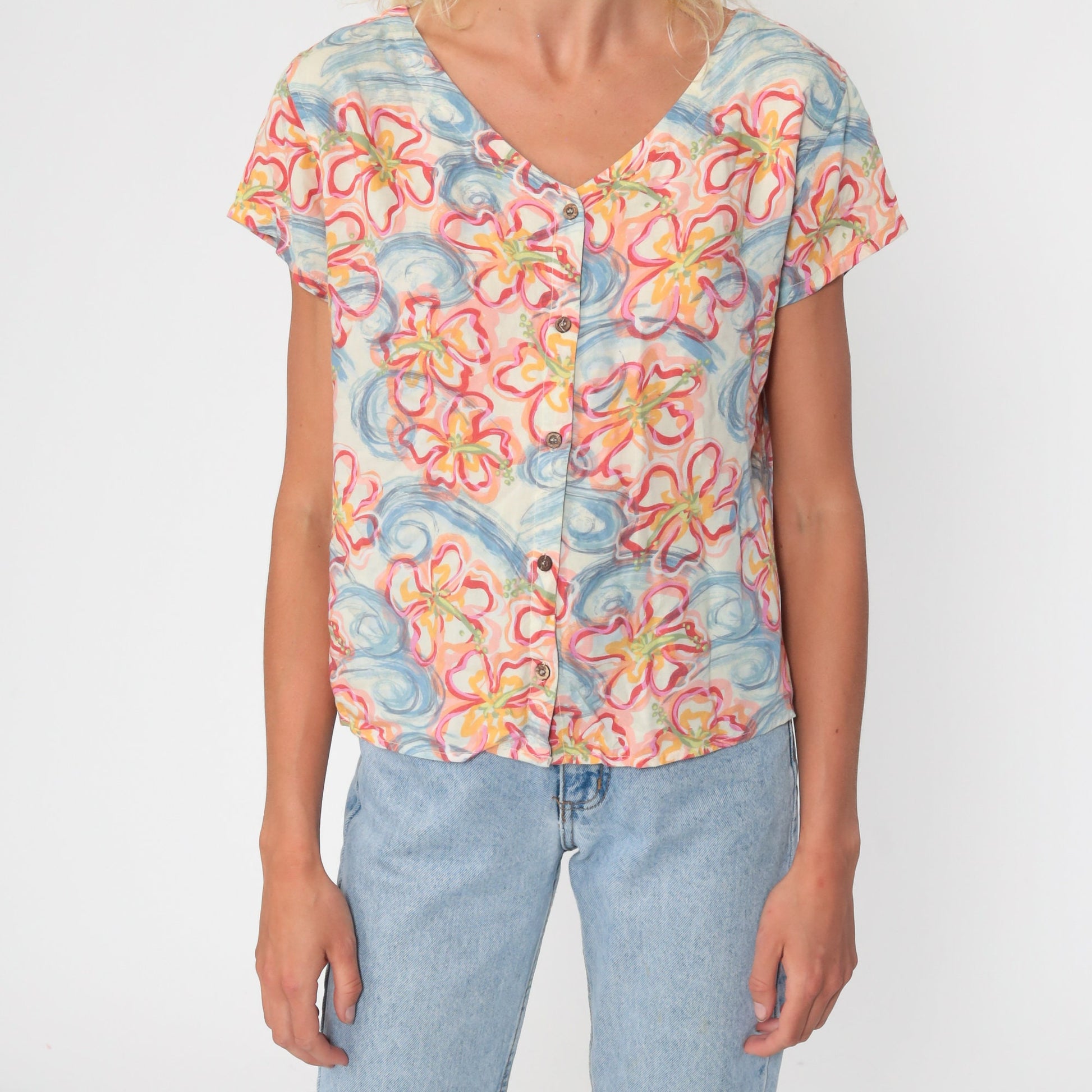 90s Floral Swirl Rayon Button Up Blouse Short Sleeve Pink Blue Medium