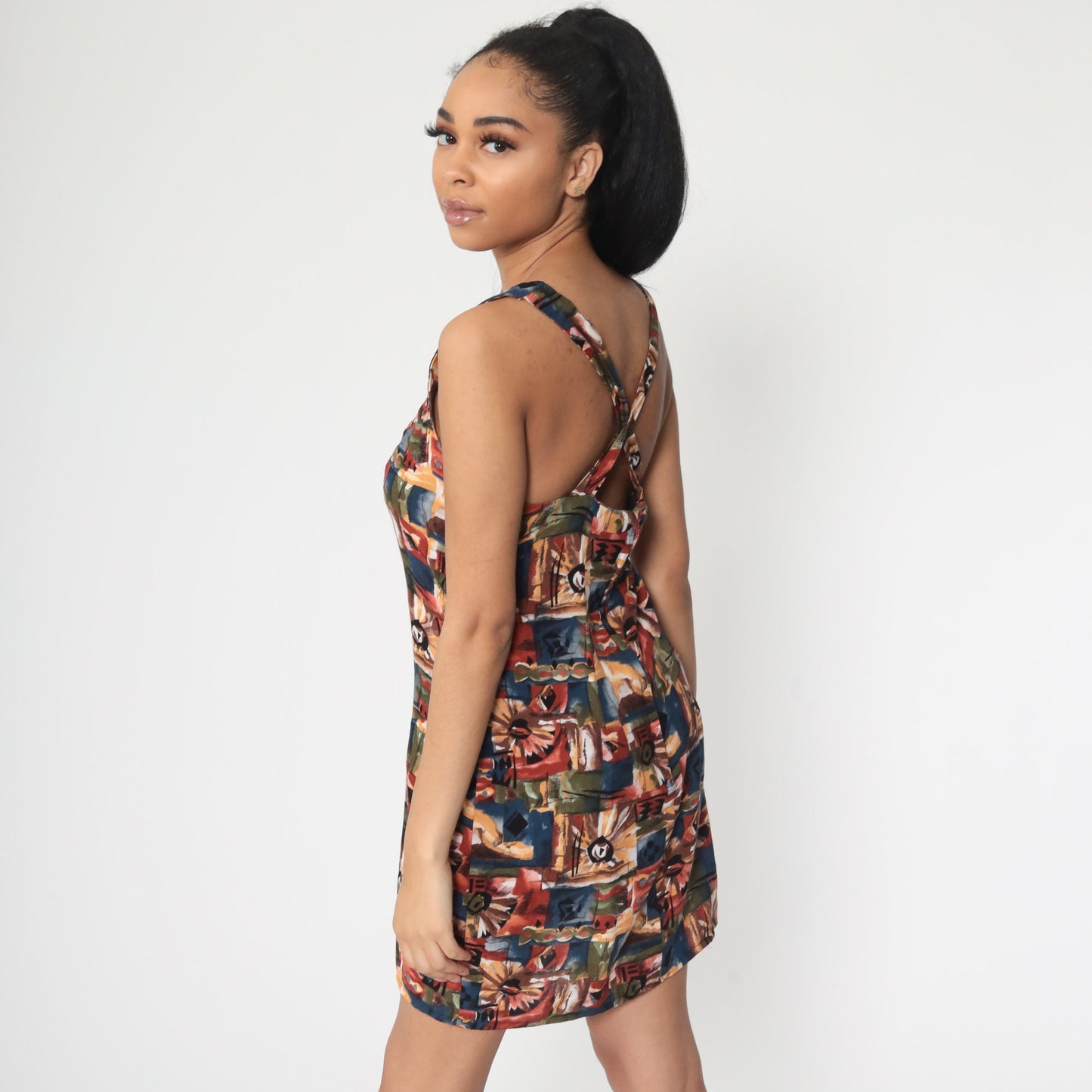 90s Floral Mini Sundress Criss Cross Back Rayon Small