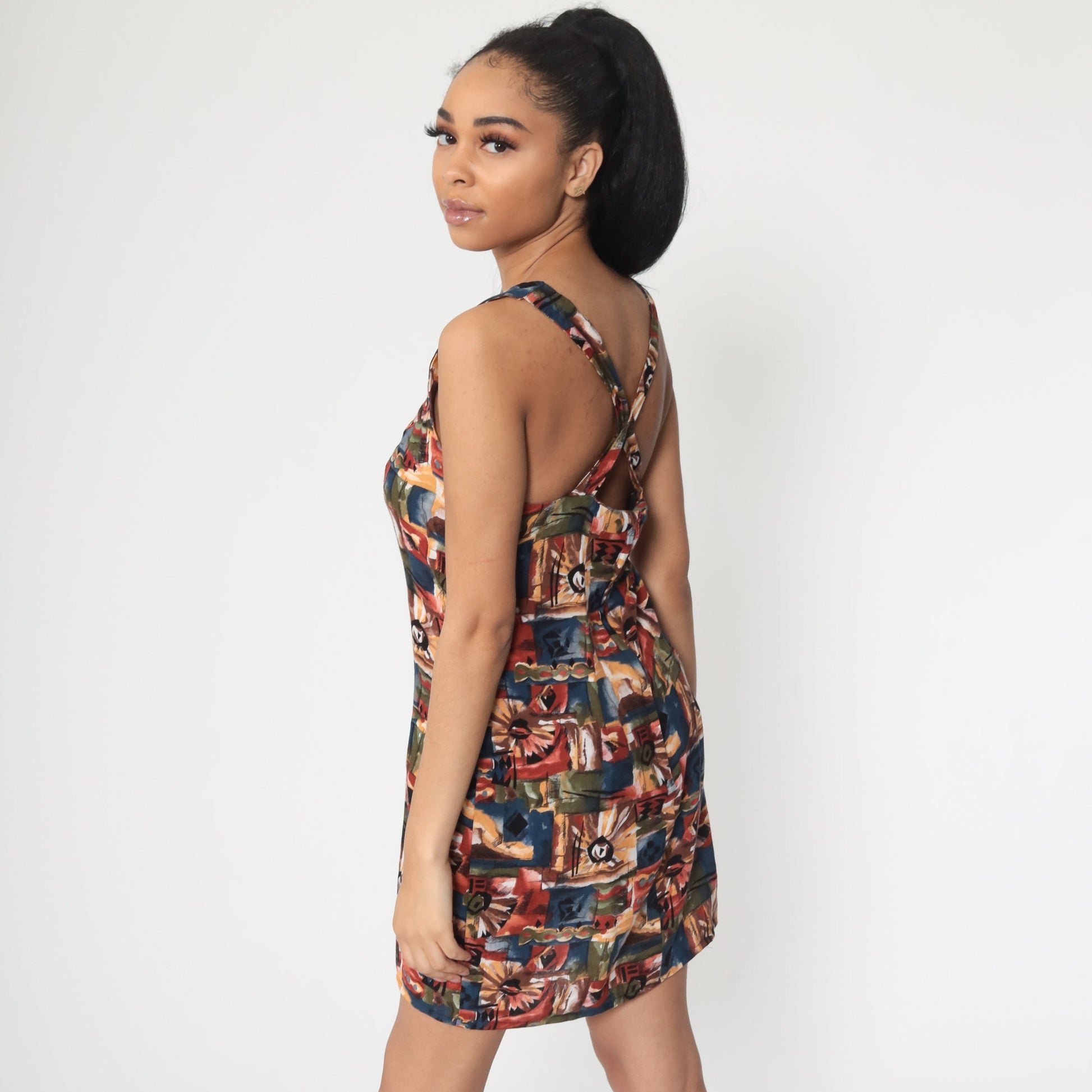90s Floral Mini Sundress Criss Cross Back Rayon Small