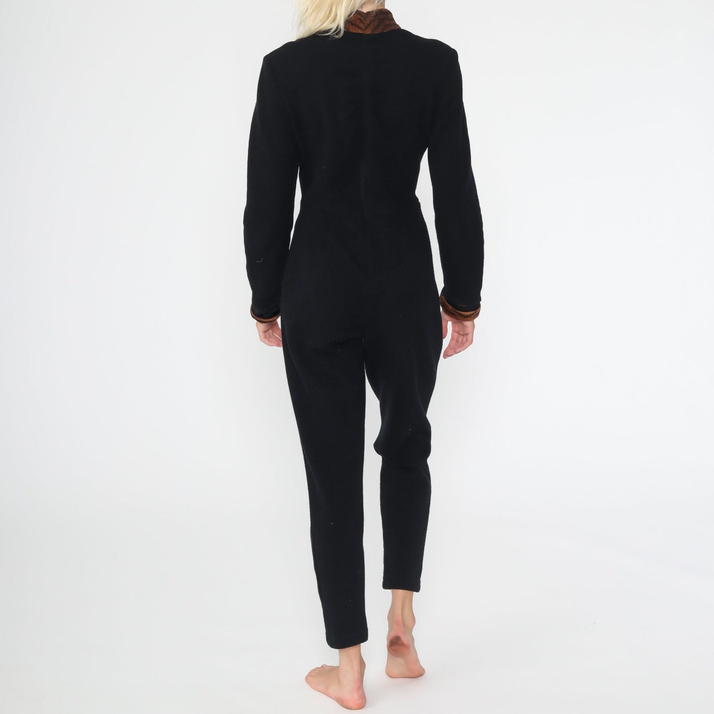 90s Black Jumpsuit Tiger Print Collar Turtleneck Tapered Small S