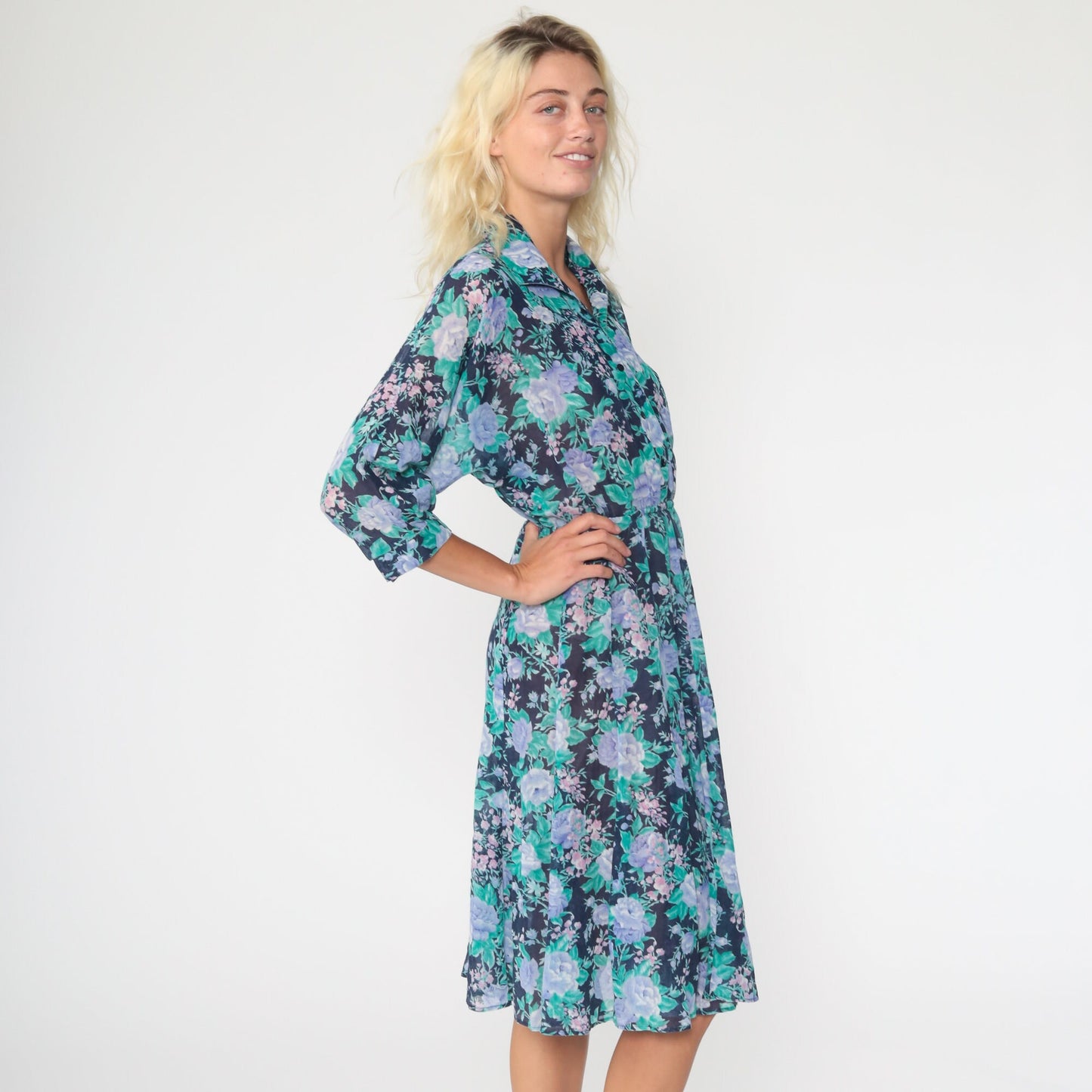 70s Blue Floral Midi Dress Button-Up High Waist Dolman Sleeve Extra Small