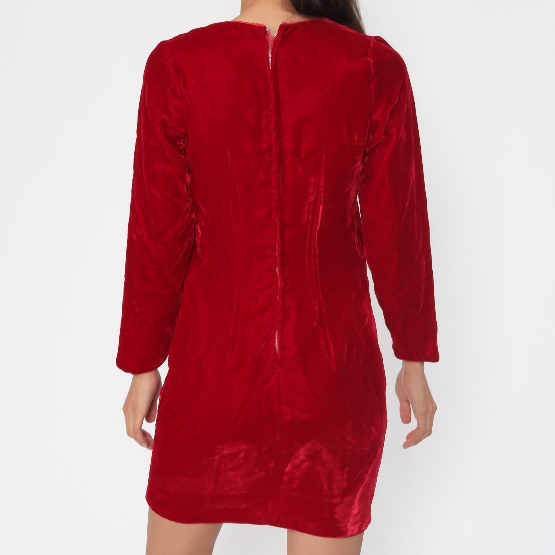 60s Red Velvet Mini Dress Long Sleeve Shift Mod Small