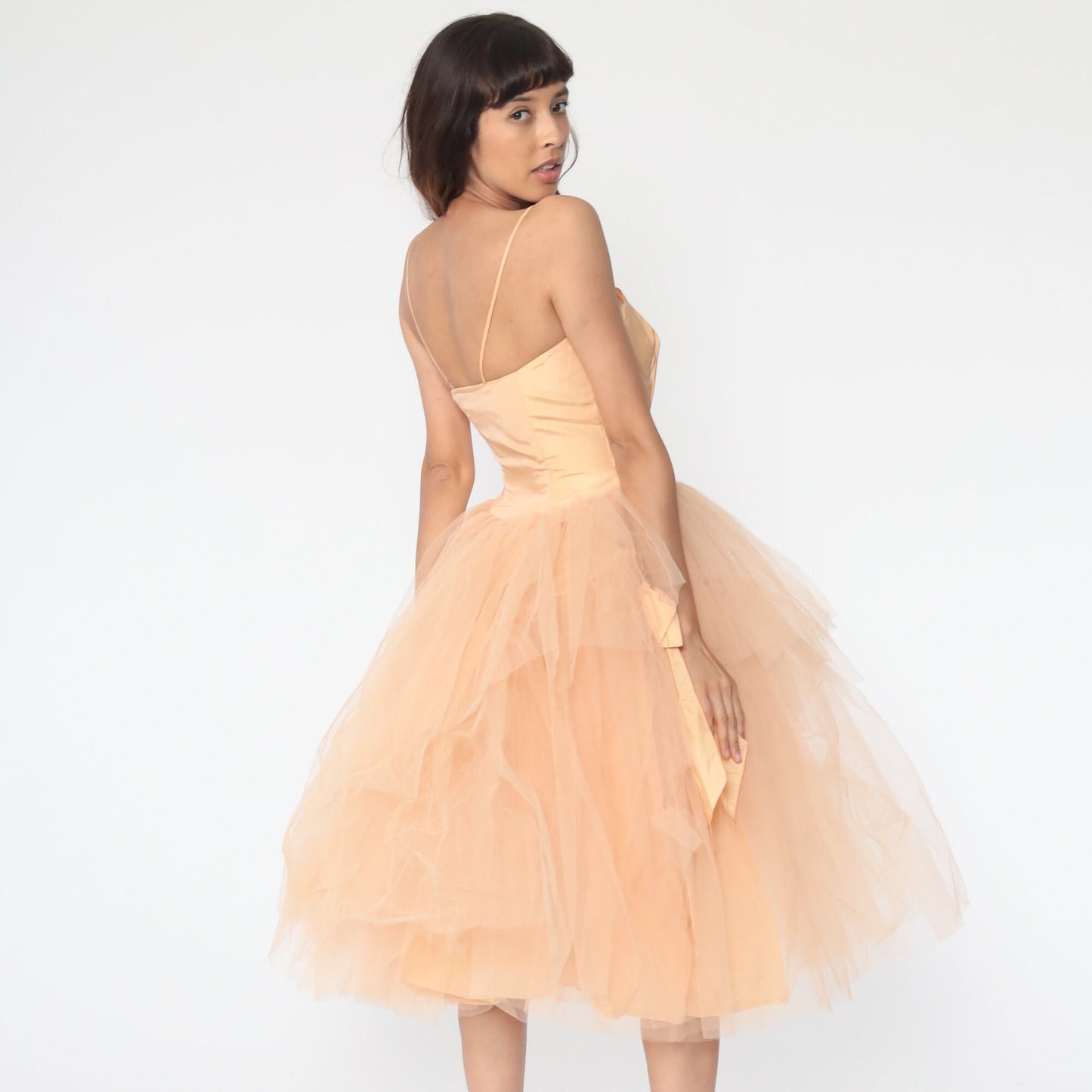 1950s Peach Tulle Party Dress Spaghetti Strap Gown Extra Small