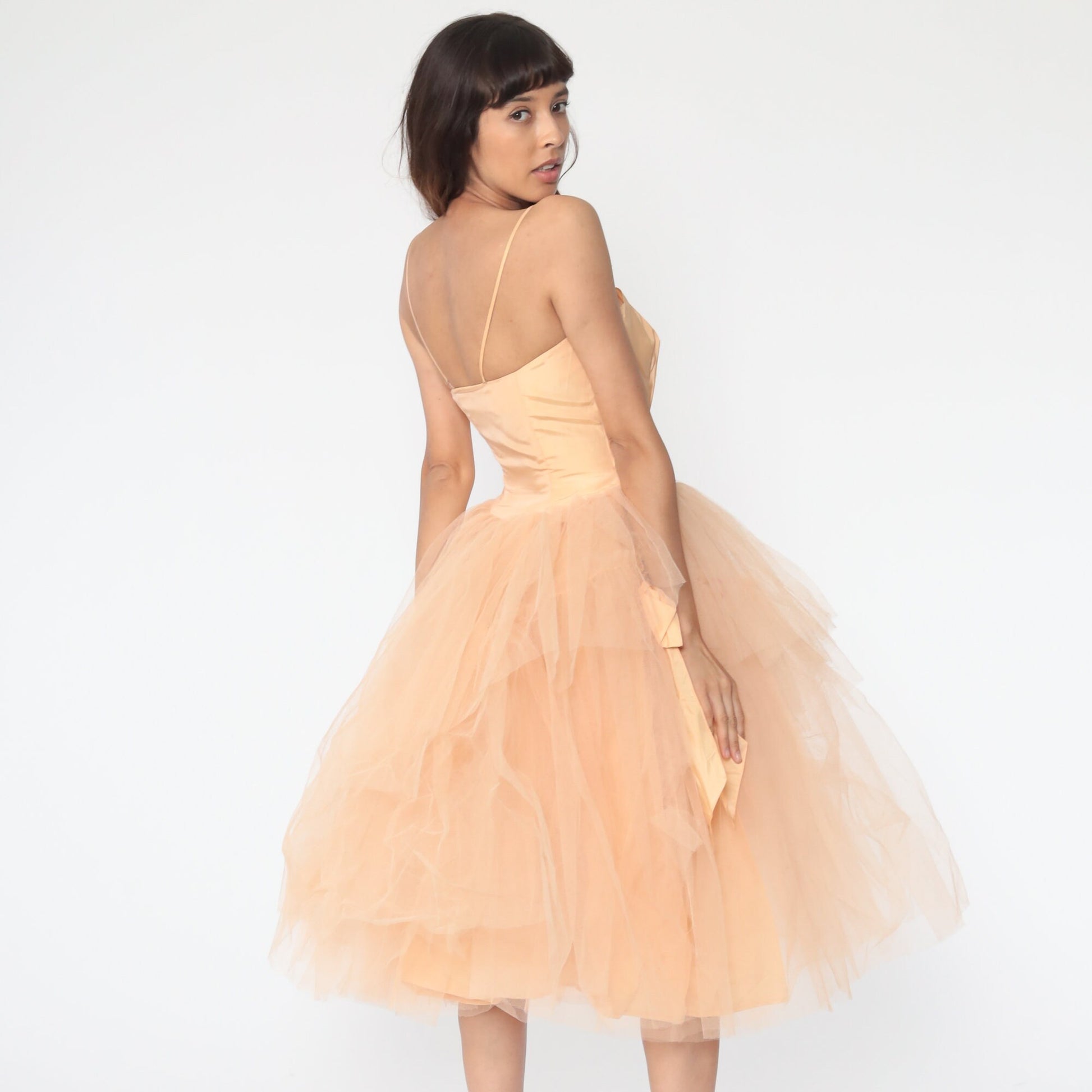 1950s Peach Tulle Party Dress Spaghetti Strap Gown Extra Small