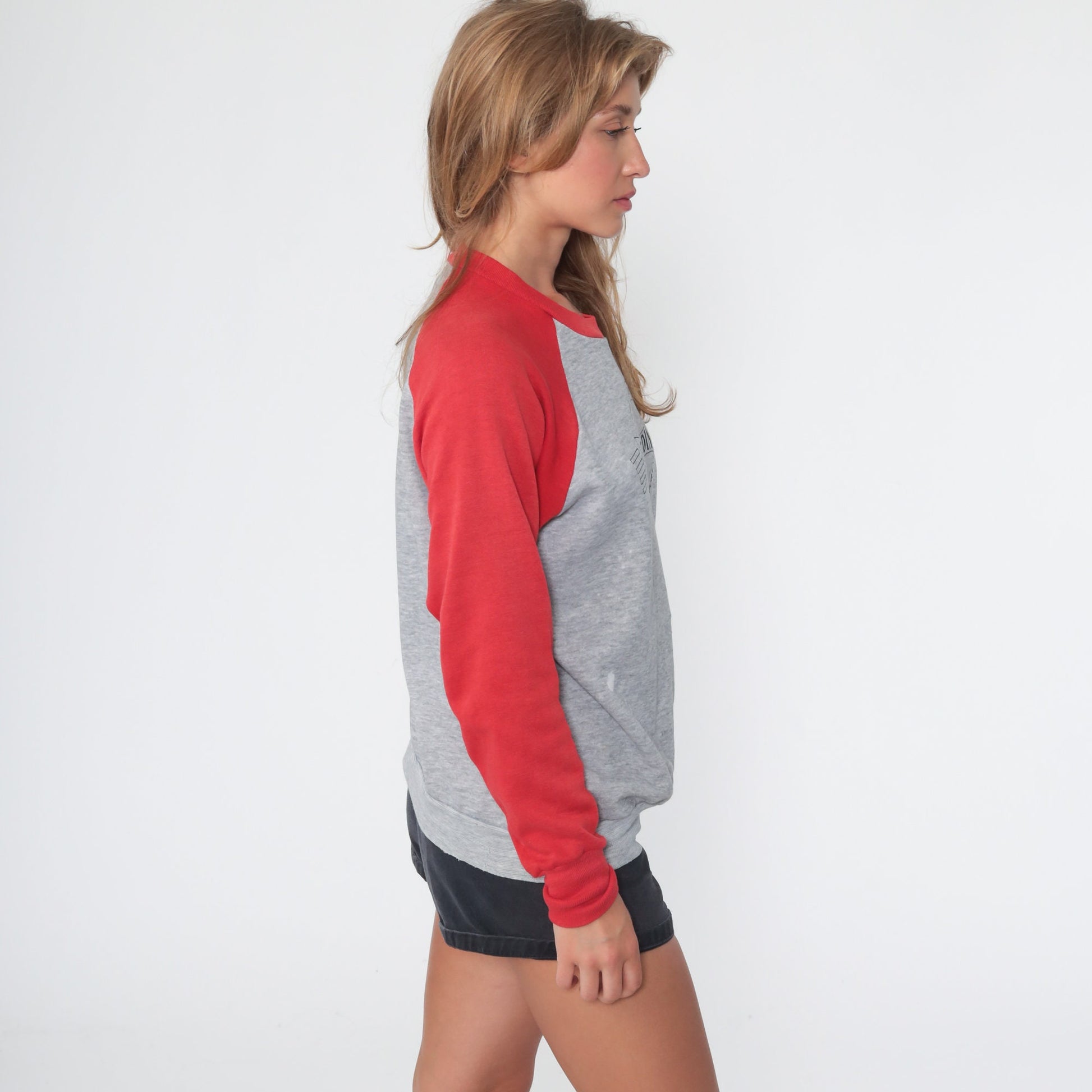 90s Spalding Crewneck Sweatshirt Grey Red Raglan Graphic Medium