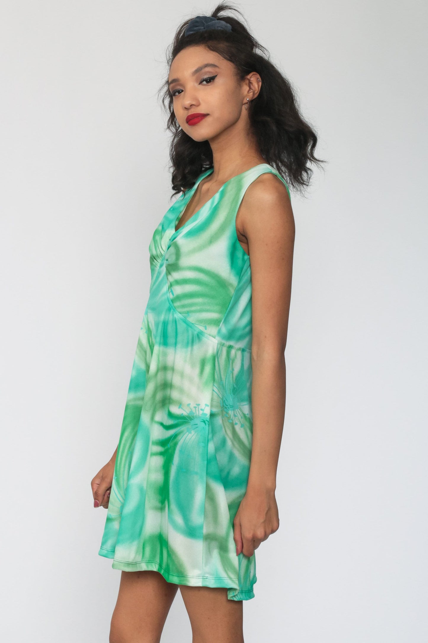 70s Green Floral Empire Waist Mini Dress Sleeveless V-Neck Medium