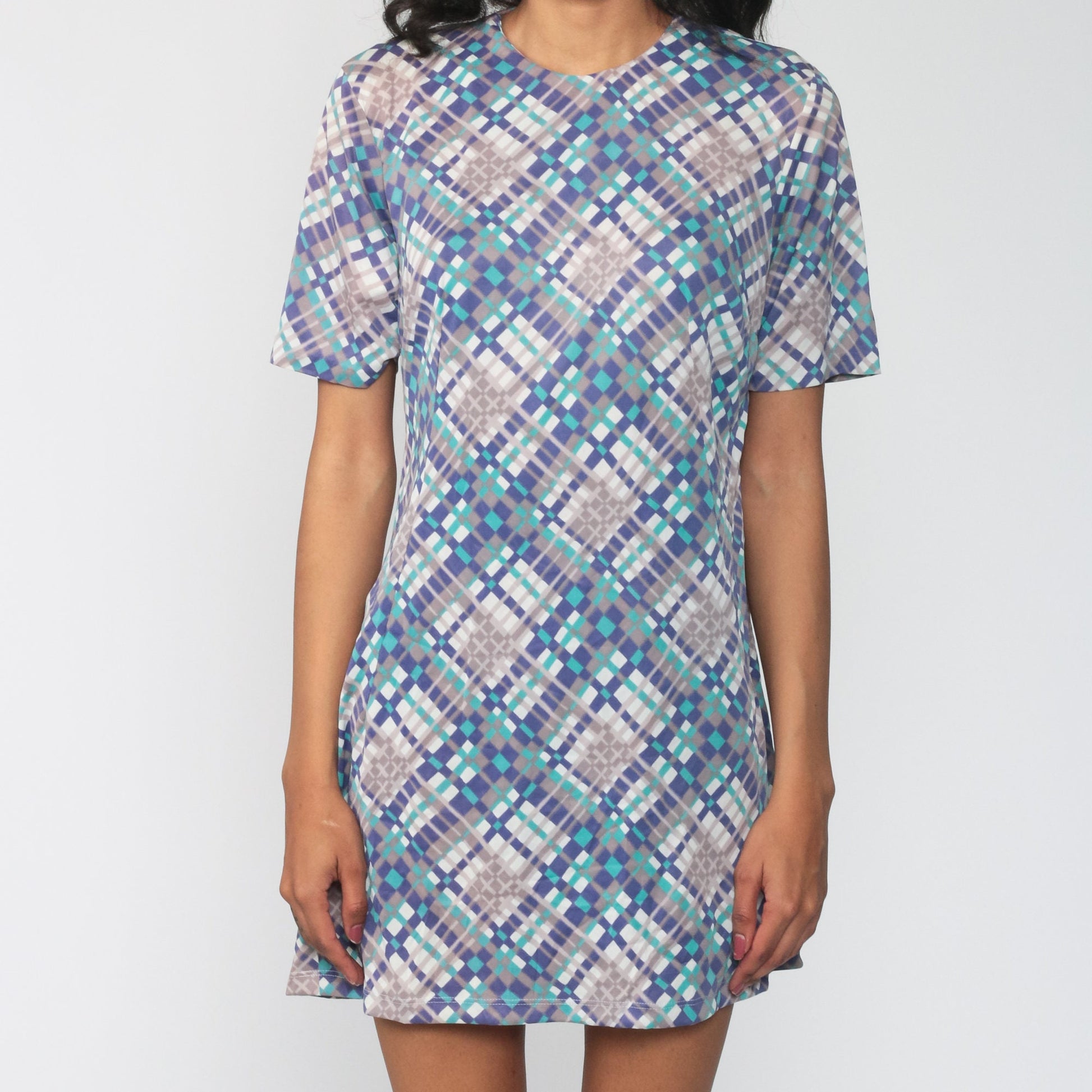60s Mod Checkered Mini Shift Dress Purple Plaid Short Sleeve Medium Large