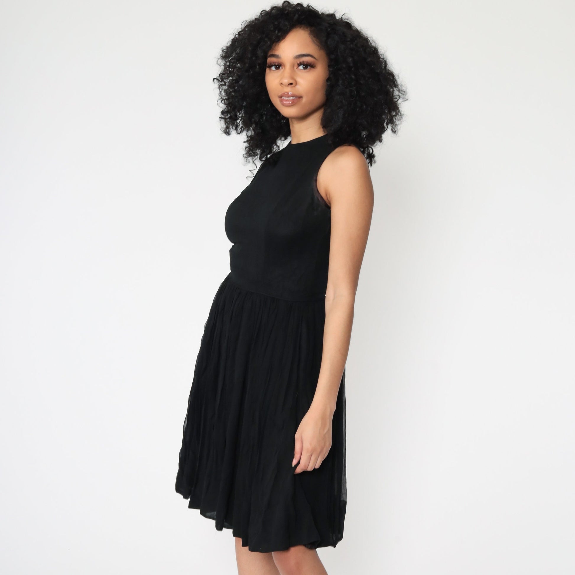 60s Jonathan Logan Black Chiffon Midi Dress High Waist Extra Small