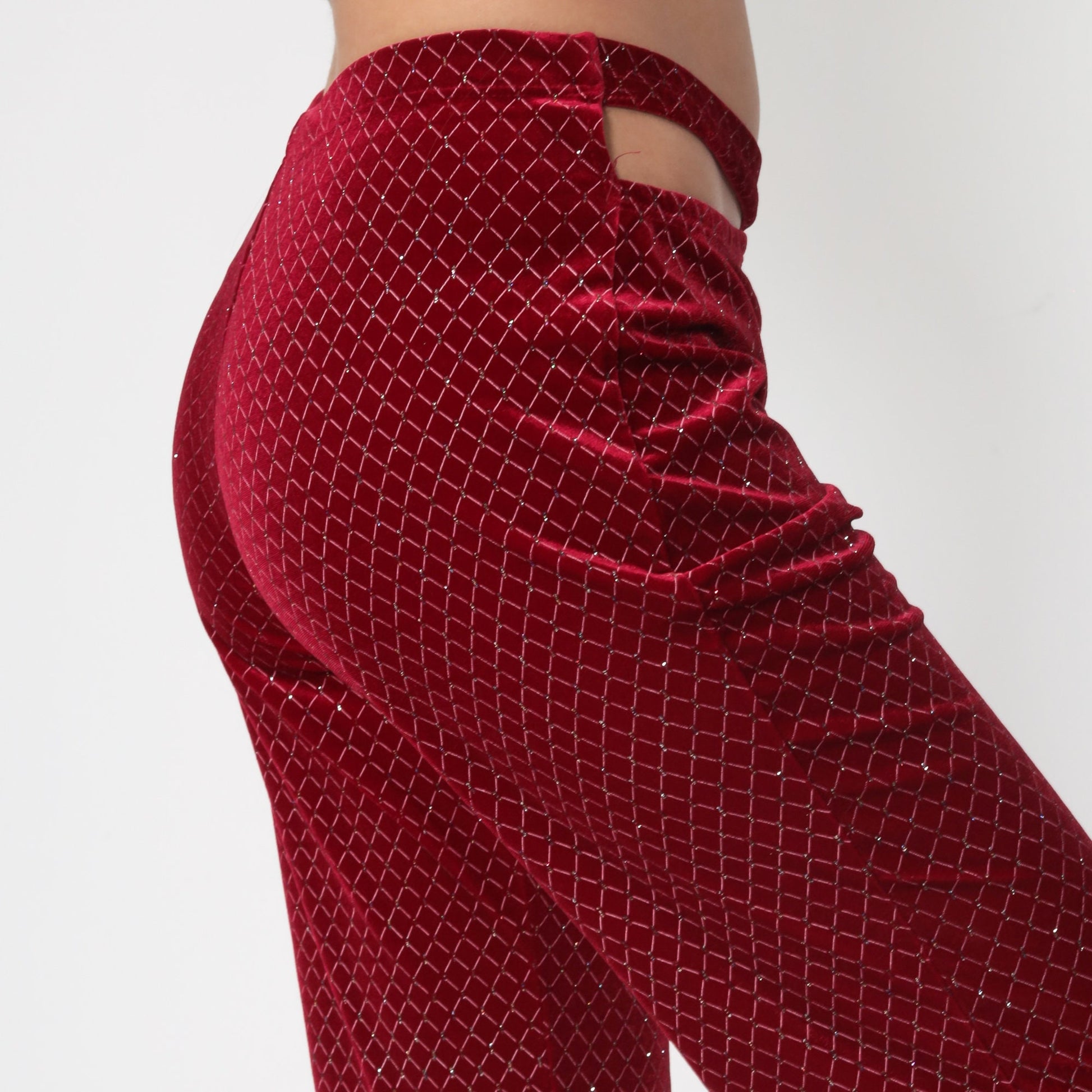 90s Red Velvet Bell Bottom Pants Glitter Cutout Clubwear Medium Large