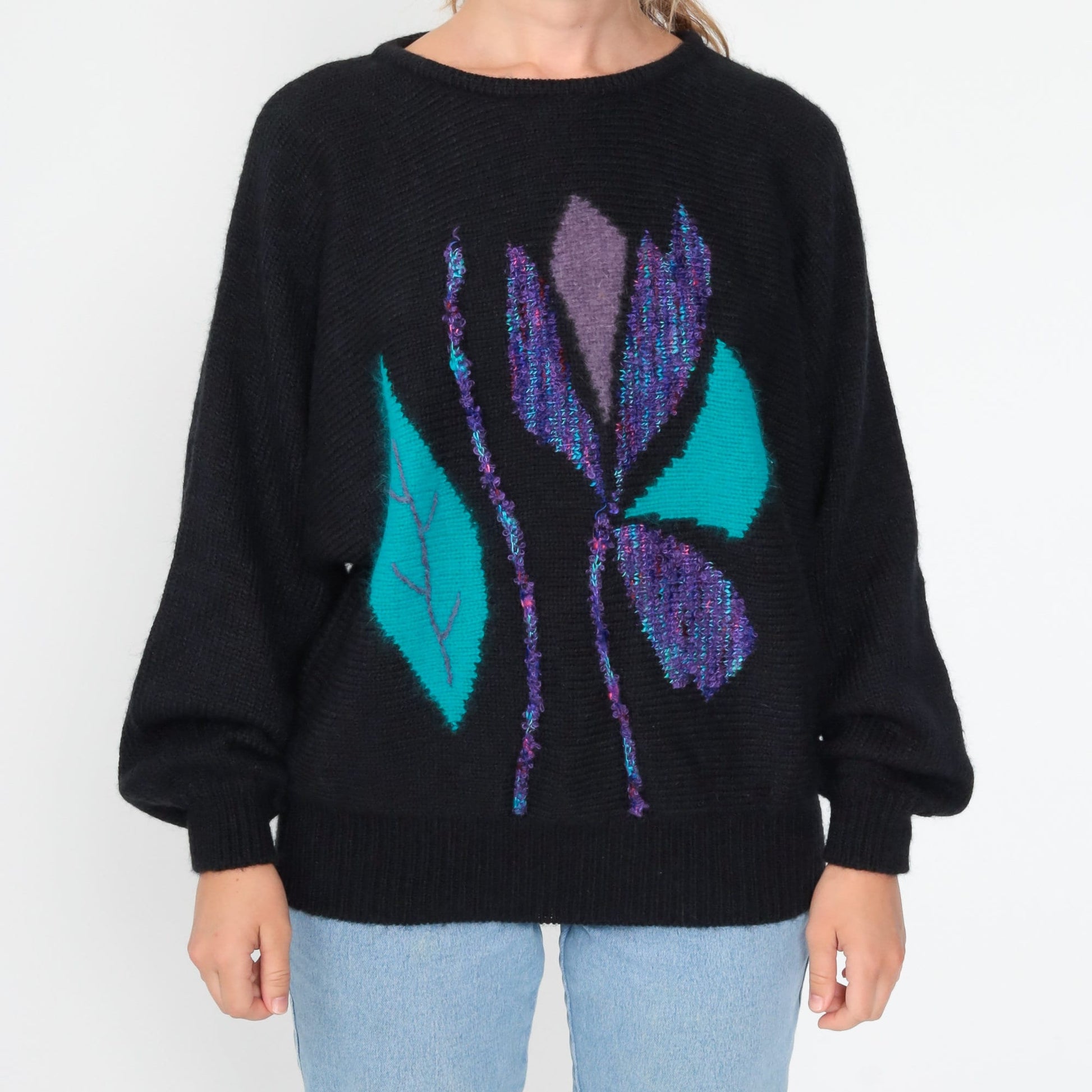80s Black Angora Floral Sweater Dolman Sleeve Knit Pullover Large