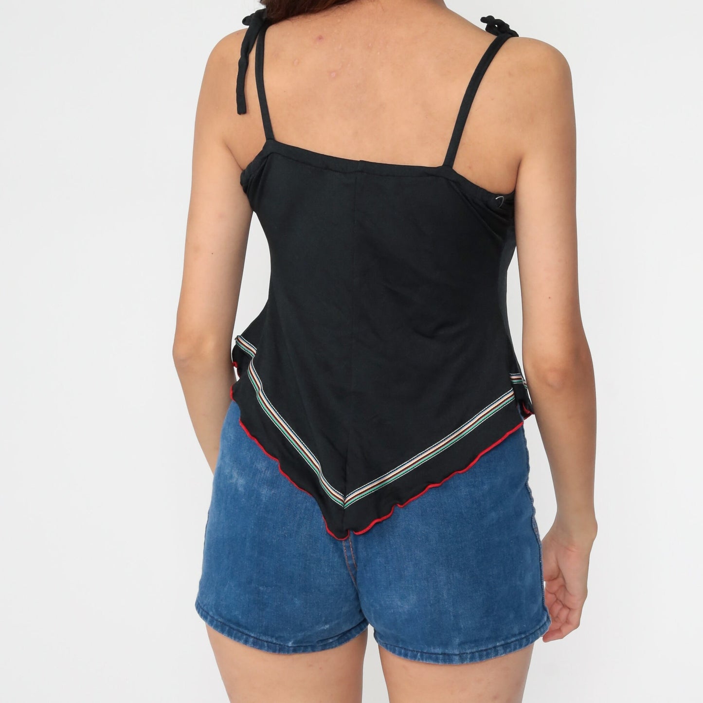 70s Black Striped Tank Top Scarf Hem Ruffle Sleeveless Small