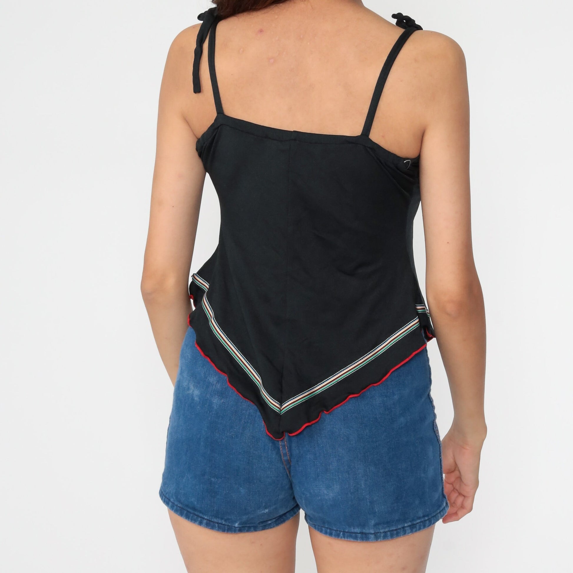 70s Black Striped Tank Top Scarf Hem Ruffle Sleeveless Small