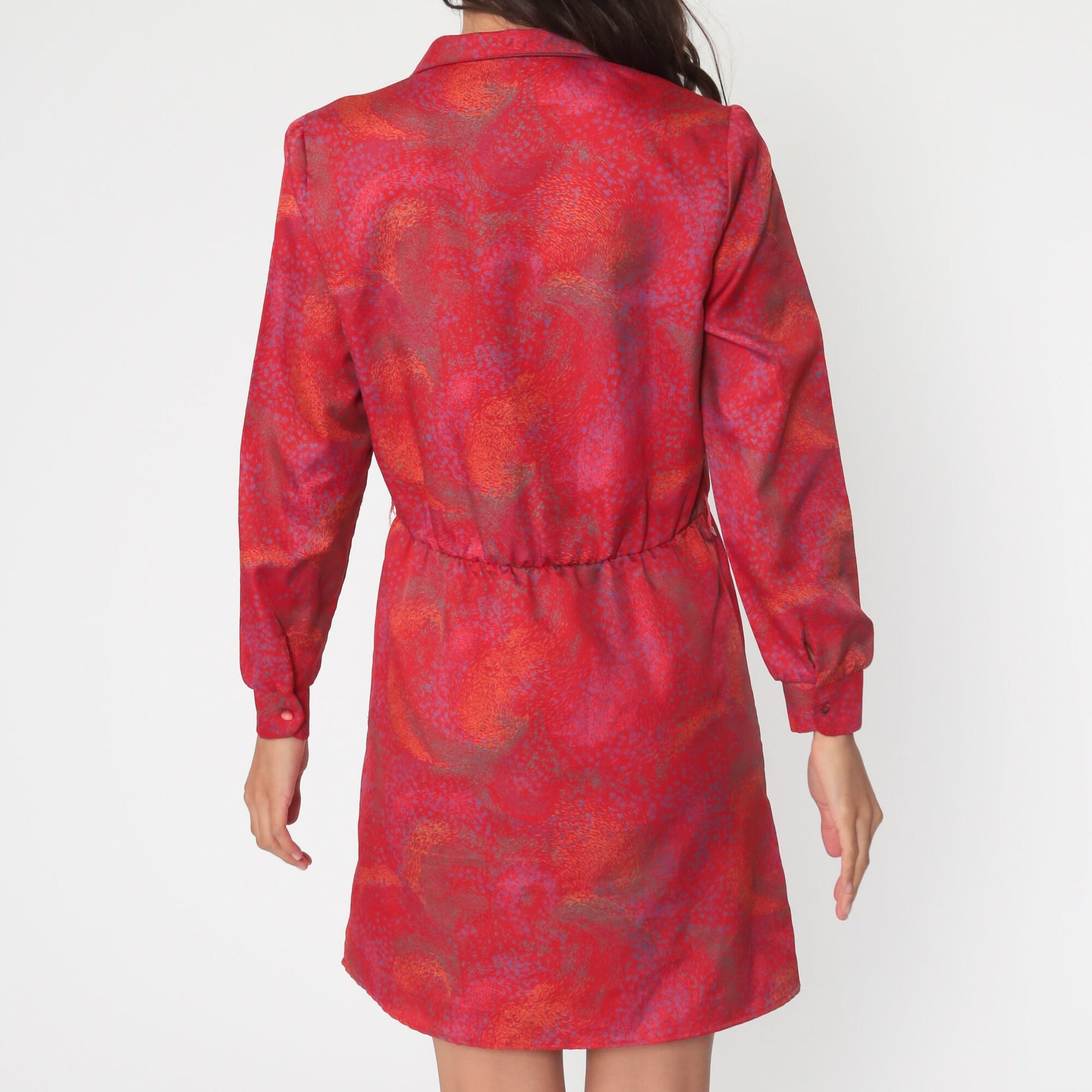 70s Red Brushstroke Mini Dress High Waisted Button Up Long Sleeve Medium