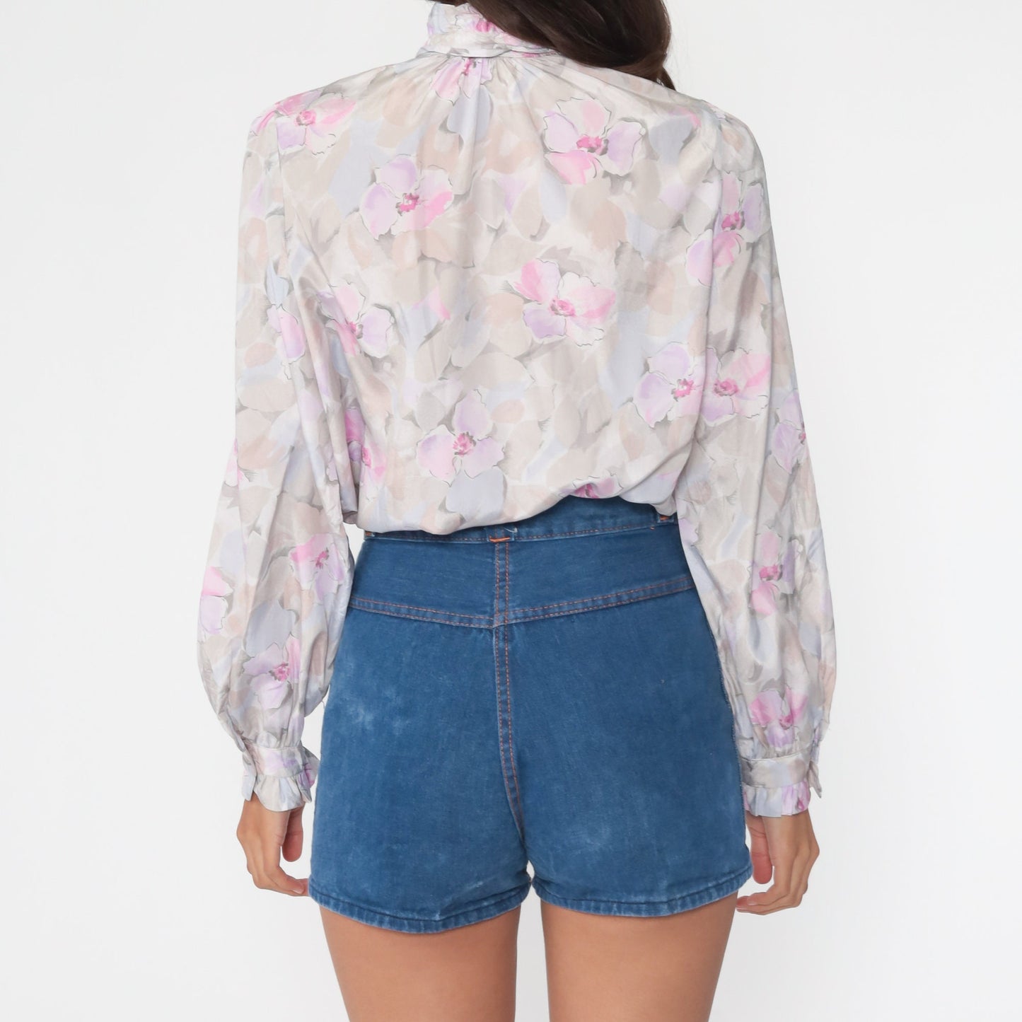 70s Floral Ruffle Button-Up Blouse Purple Pastel Long Sleeve Medium