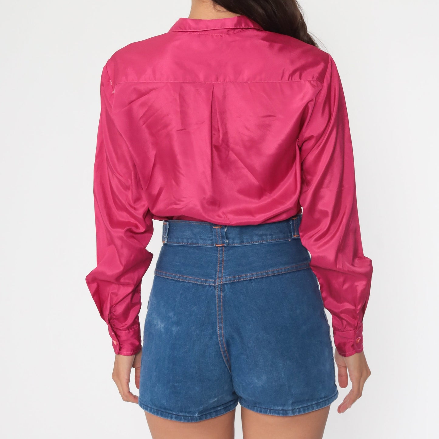 80s Pink Button-Up Blouse Long Sleeve Collared Shirt Medium