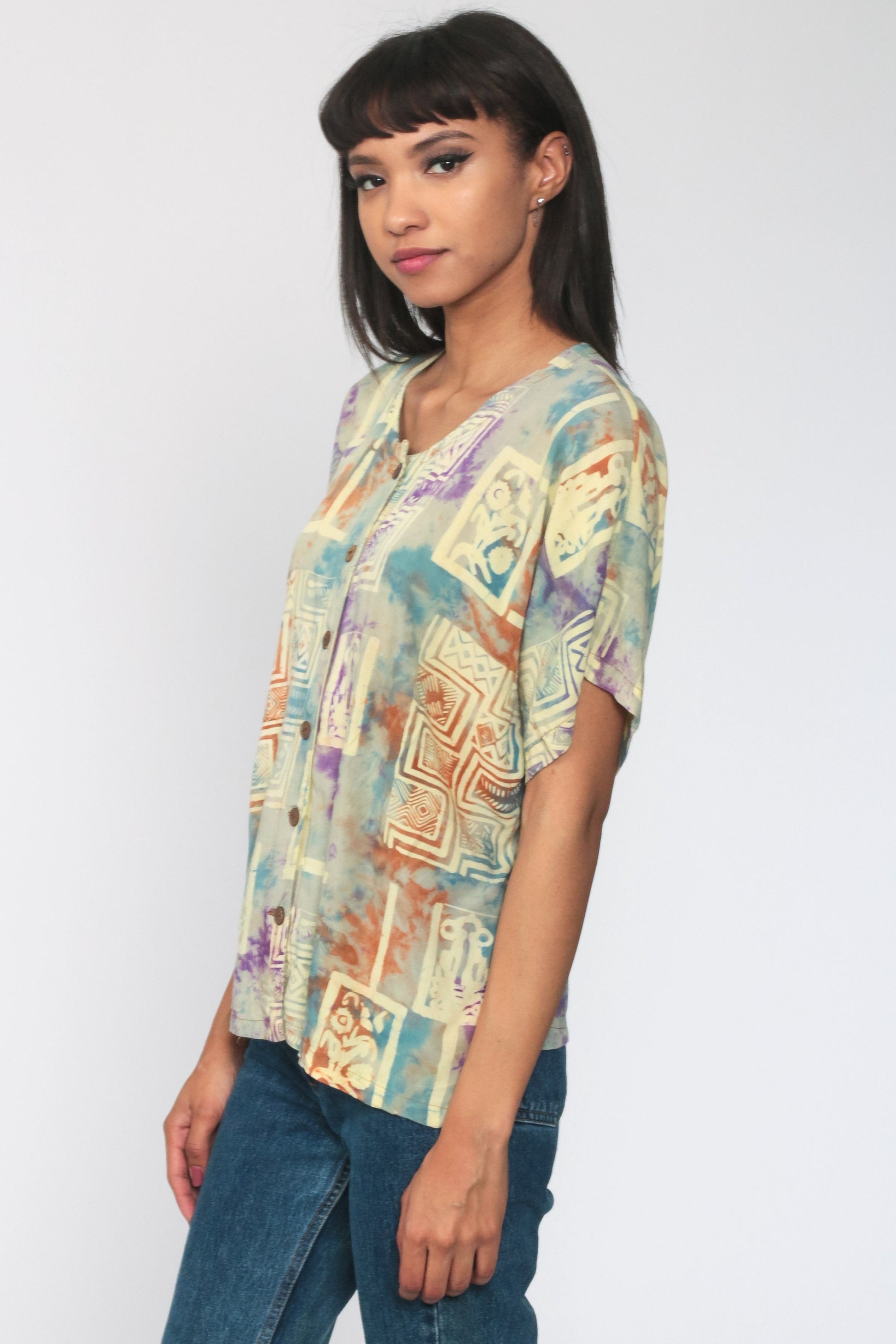 00s Tie Dye Batik Button Up Shirt Yellow Short Sleeve Extra Large XL