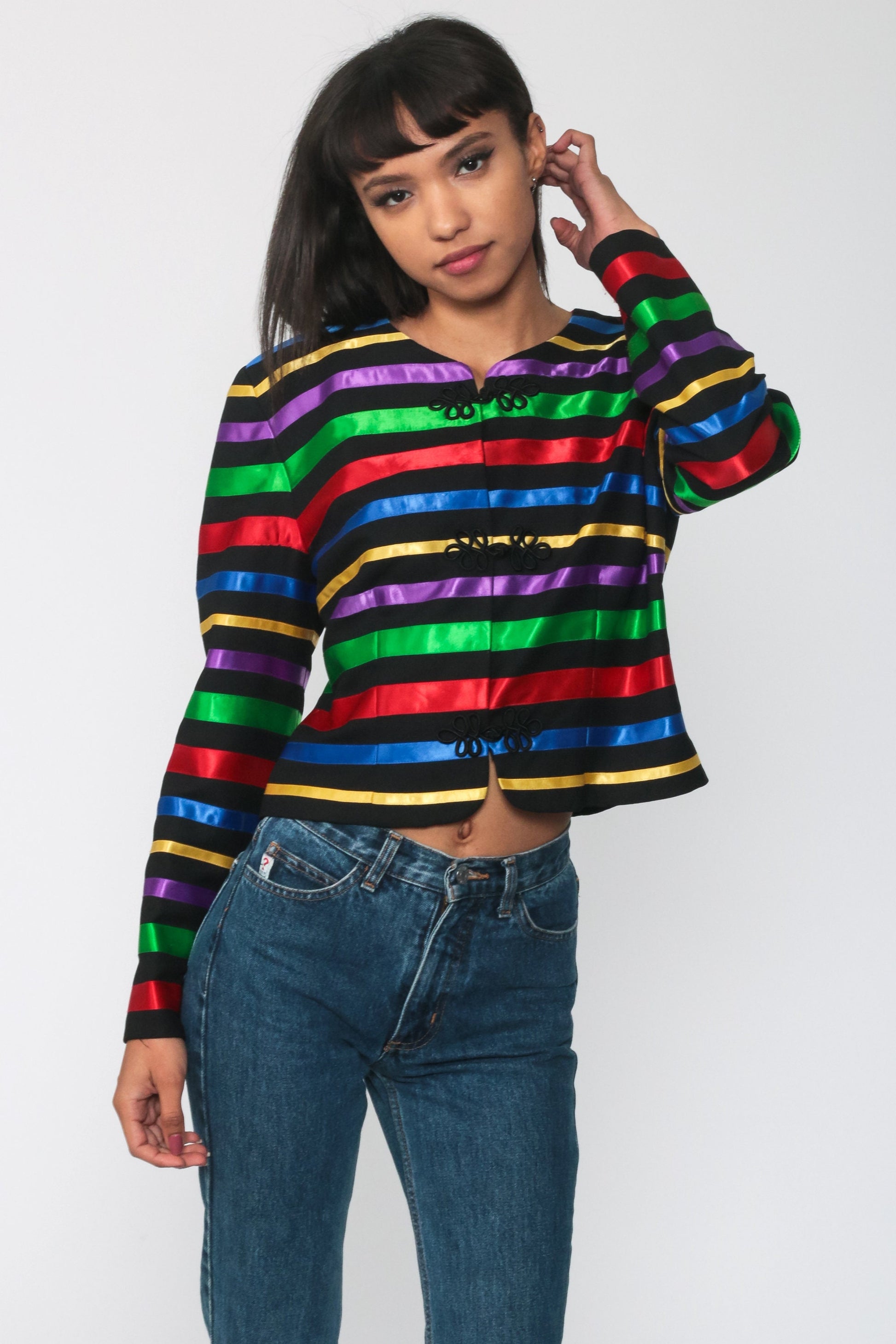 90s Rainbow Striped Jacket Frog Closure Button Up Cropped Medium M