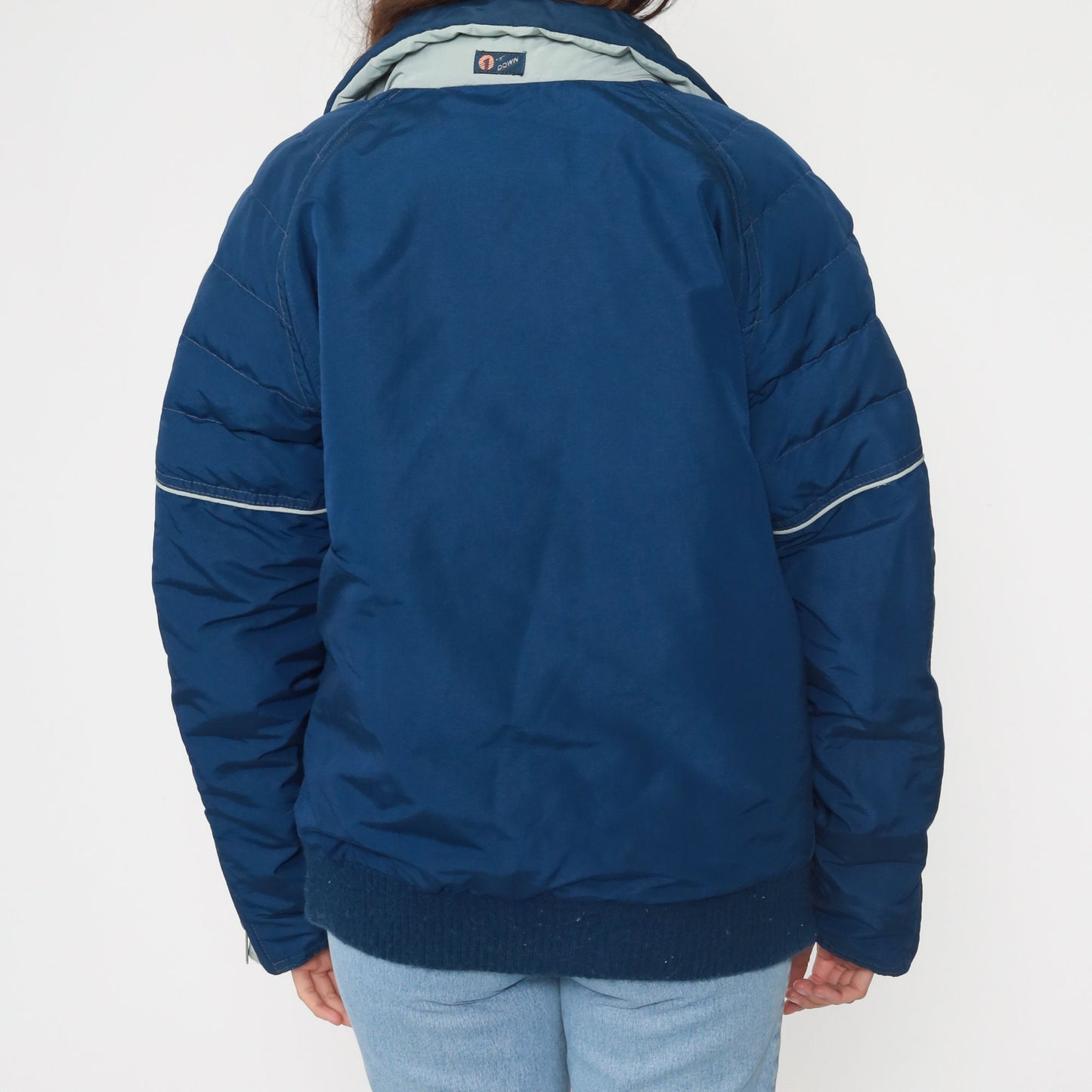 80s Blue Down Puffer Ski Jacket Nylon Striped Coat Large