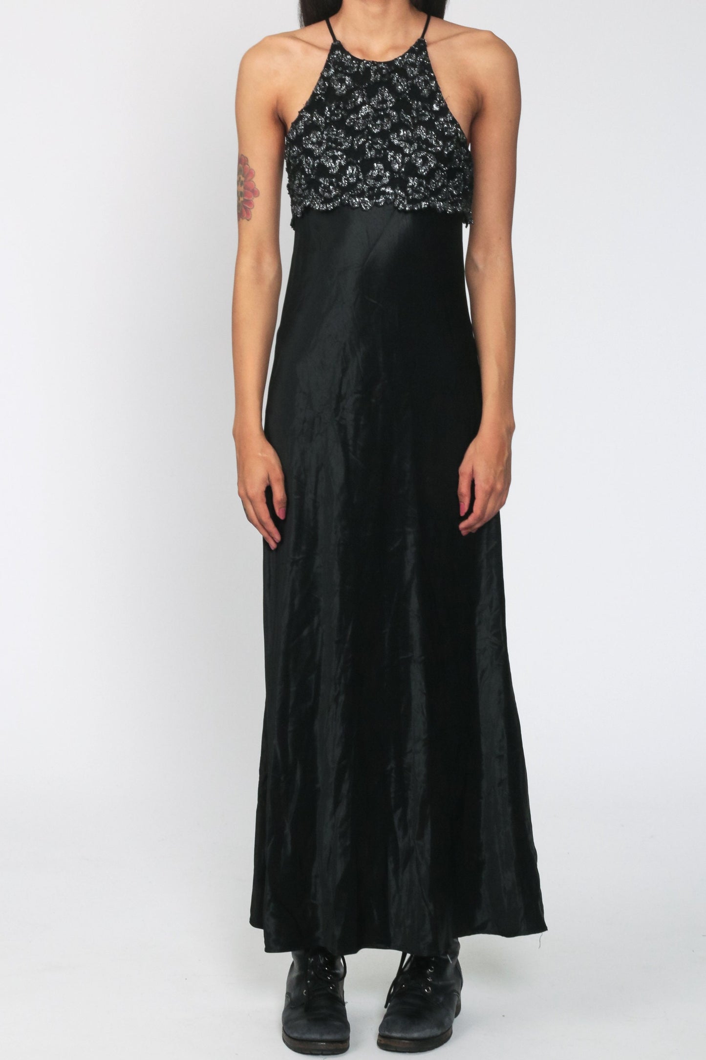 90s Black Metallic Lace Maxi Dress Spaghetti Strap Racerback Small