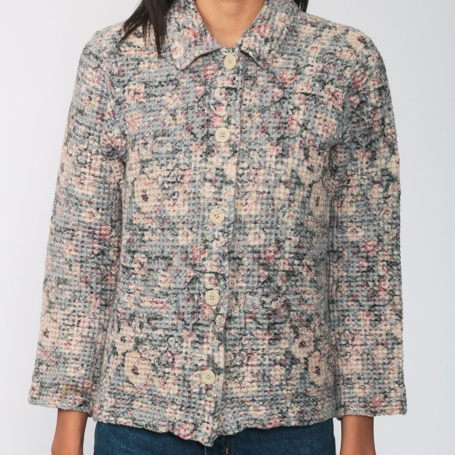 90s Waffle Knit Floral Button-Up Shirt Long Sleeve Cotton Blend Small